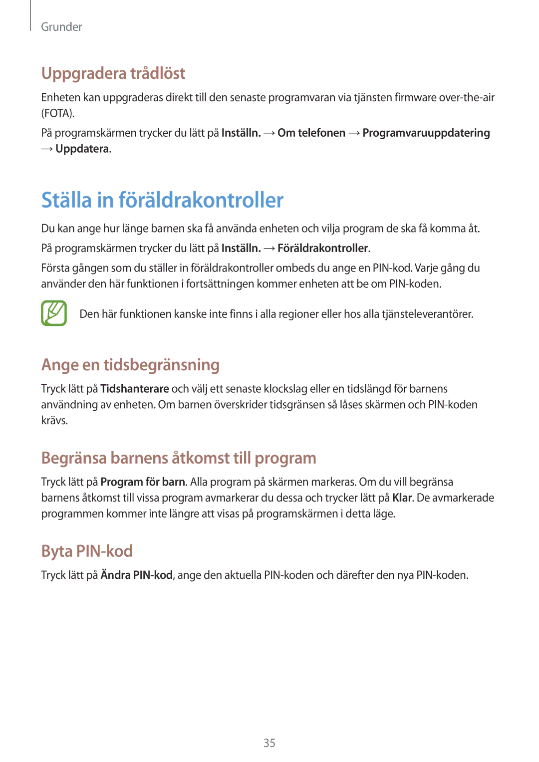 Samsung SM-G310HZWNNEE manual Ställa in föräldrakontroller, Uppgradera trådlöst, Ange en tidsbegränsning, Byta PIN-kod 