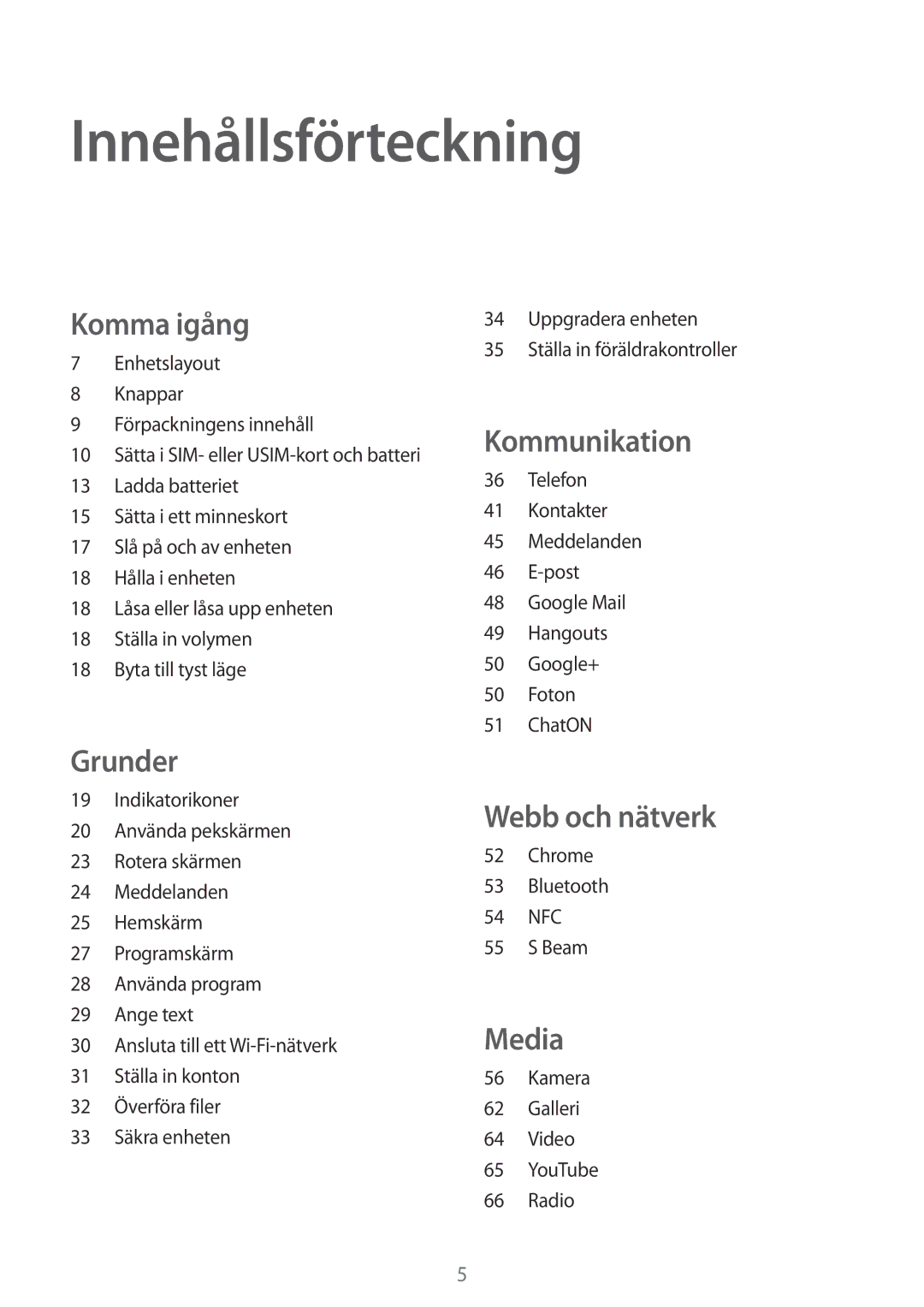 Samsung SM-G310HZWNNEE, SM-G310HZANNEE, SM-G310HZBNNEE manual Innehållsförteckning, Komma igång 