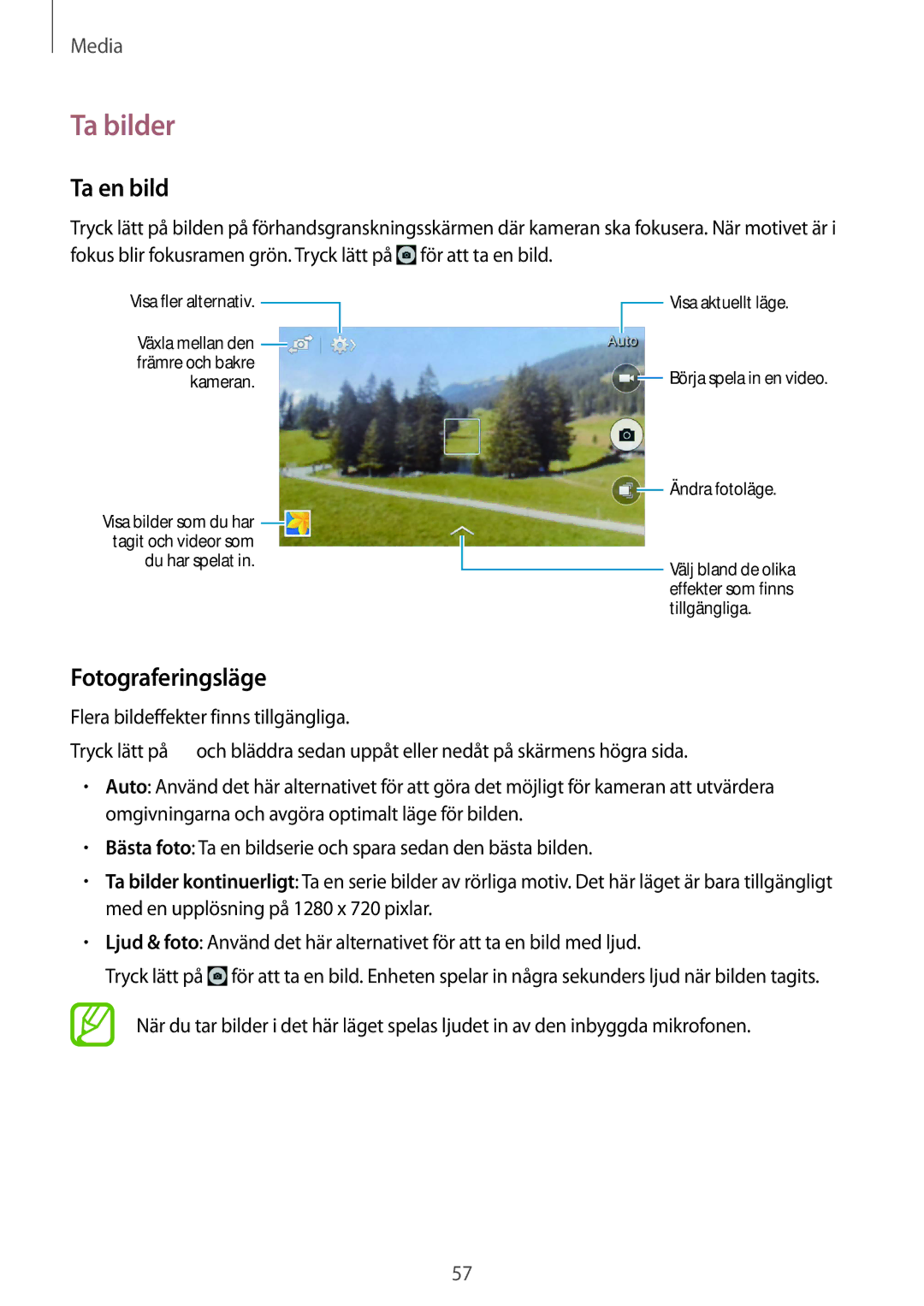 Samsung SM-G310HZANNEE, SM-G310HZBNNEE, SM-G310HZWNNEE manual Ta bilder, Ta en bild, Fotograferingsläge 