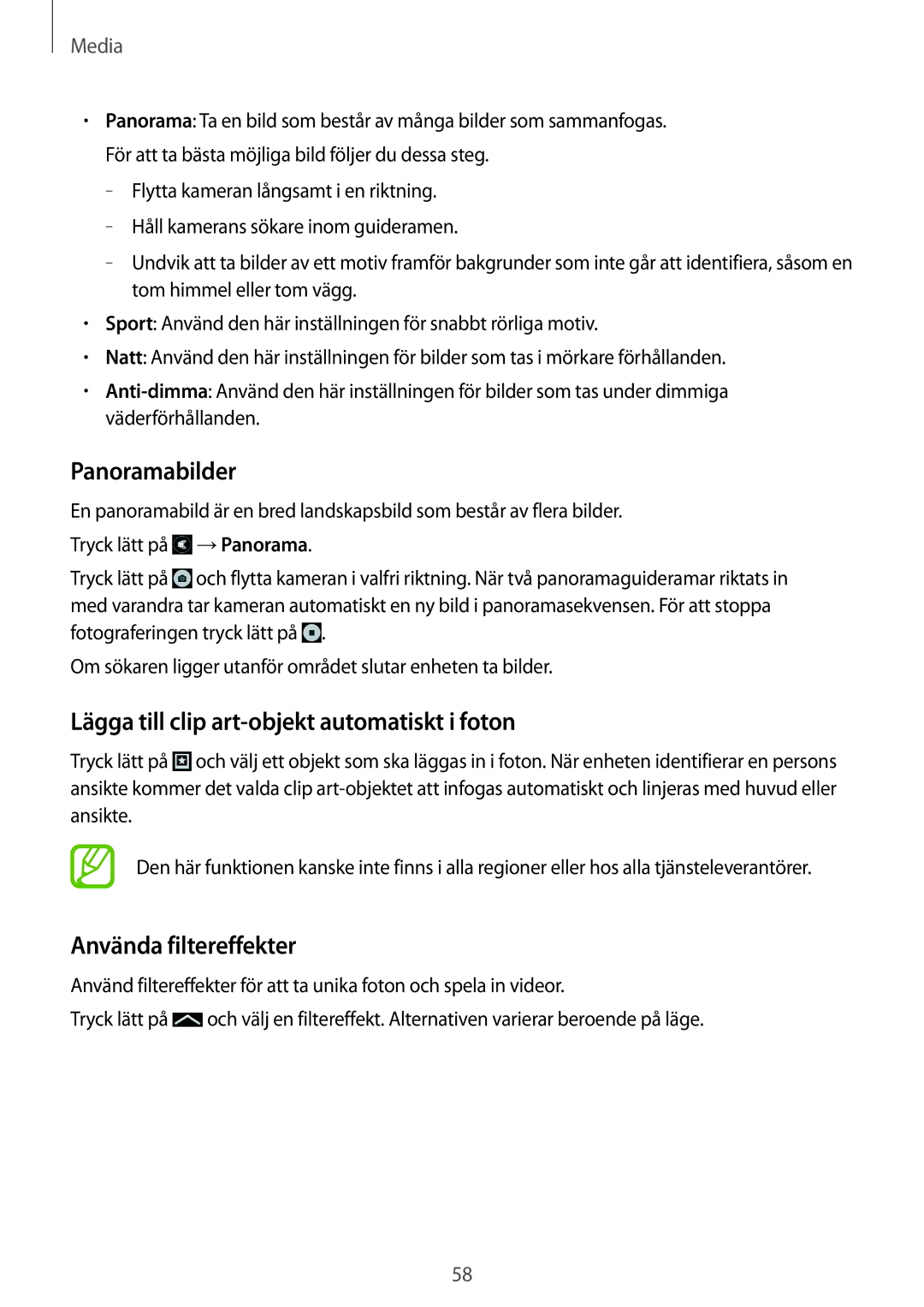 Samsung SM-G310HZBNNEE manual Panoramabilder, Lägga till clip art-objekt automatiskt i foton, Använda filtereffekter 