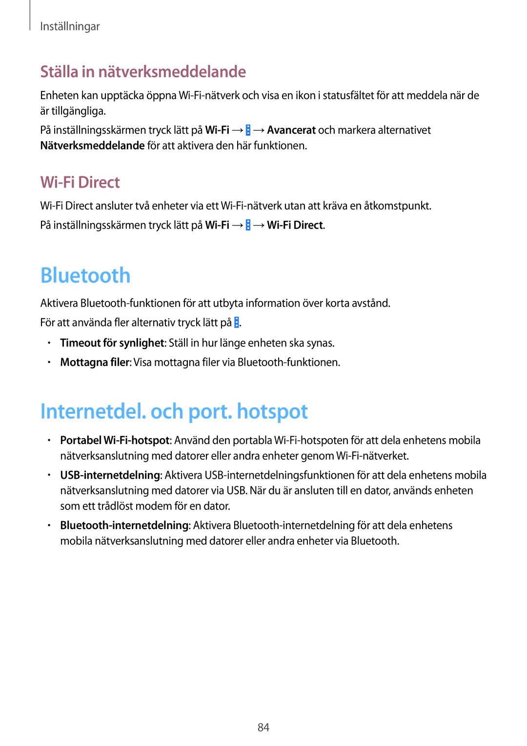 Samsung SM-G310HZANNEE, SM-G310HZBNNEE manual Internetdel. och port. hotspot, Ställa in nätverksmeddelande, Wi-Fi Direct 