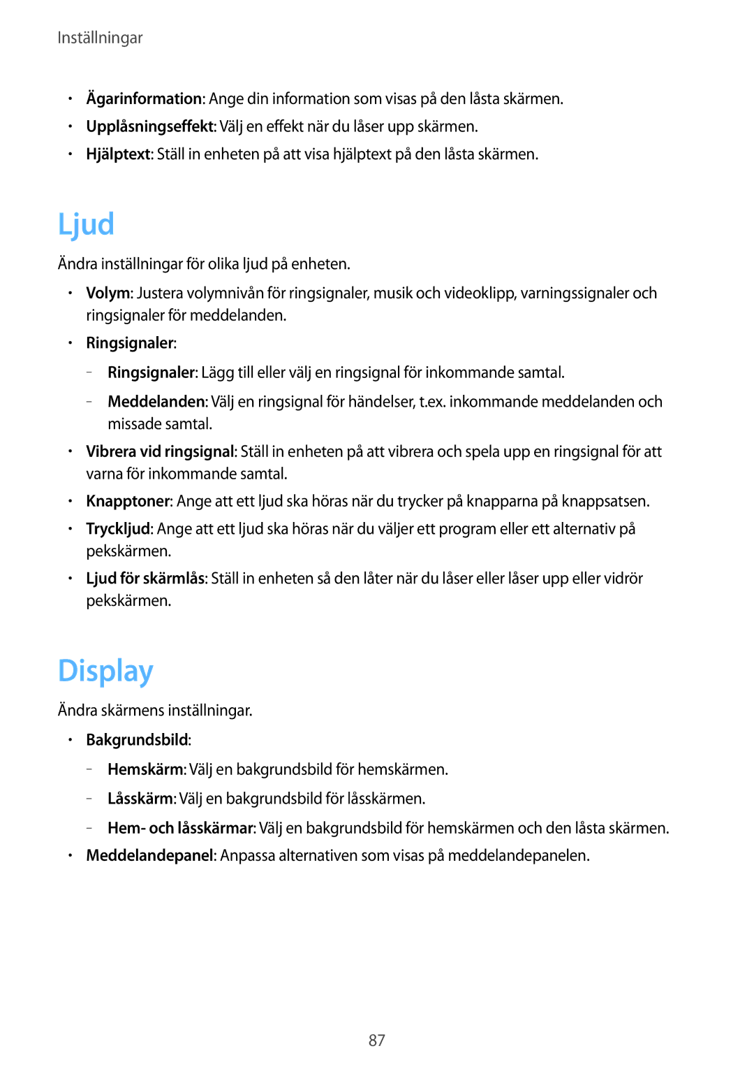 Samsung SM-G310HZANNEE, SM-G310HZBNNEE, SM-G310HZWNNEE manual Ljud, Display, Ringsignaler, Bakgrundsbild 