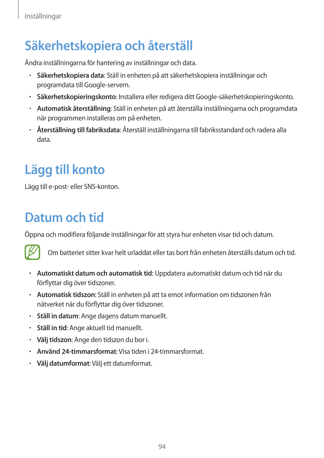 Samsung SM-G310HZBNNEE, SM-G310HZANNEE, SM-G310HZWNNEE manual Säkerhetskopiera och återställ, Lägg till konto, Datum och tid 