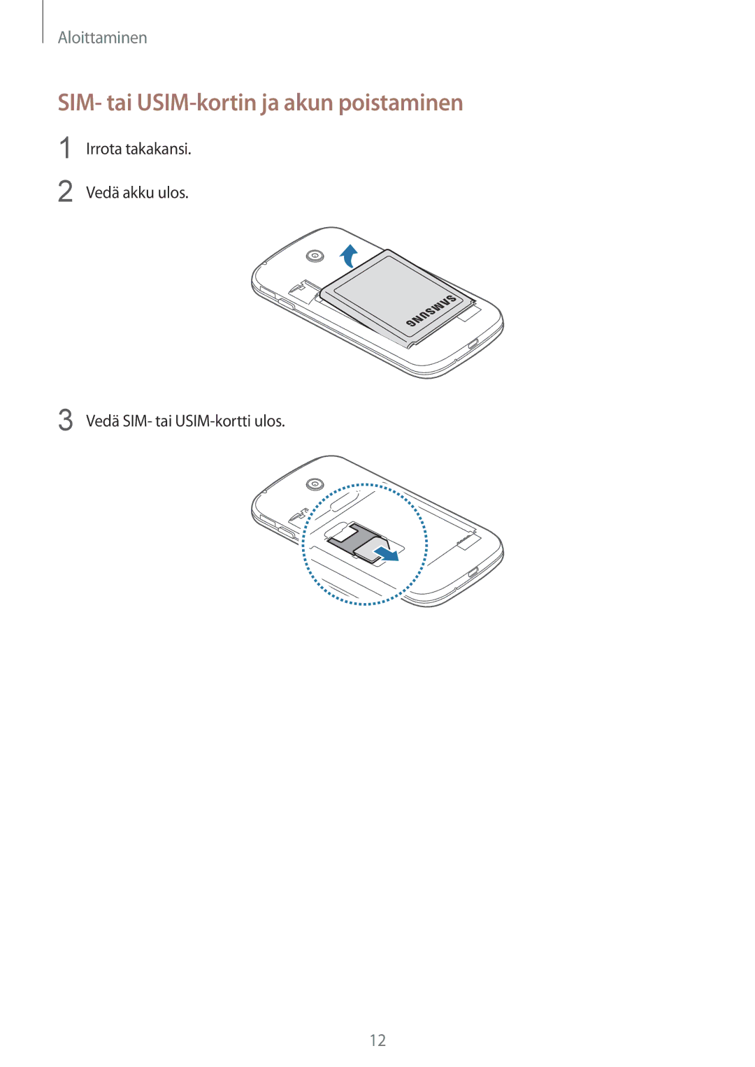 Samsung SM-G310HZANNEE, SM-G310HZBNNEE manual SIM- tai USIM-kortin ja akun poistaminen, Vedä SIM- tai USIM-kortti ulos 