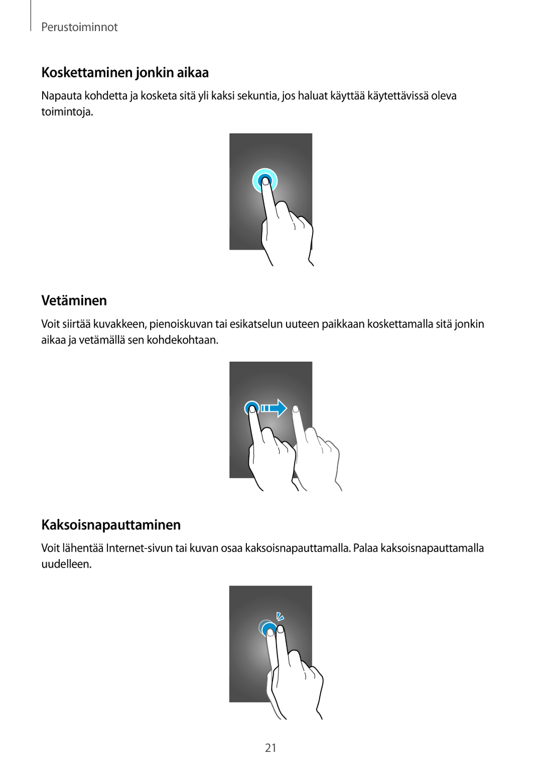 Samsung SM-G310HZANNEE, SM-G310HZBNNEE, SM-G310HZWNNEE manual Koskettaminen jonkin aikaa, Vetäminen, Kaksoisnapauttaminen 