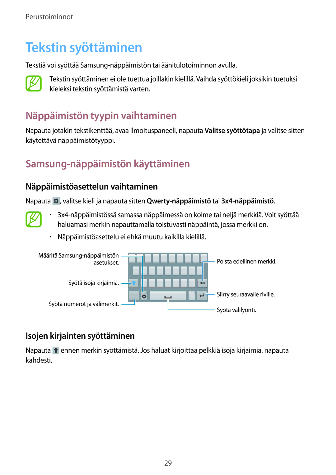 Samsung SM-G310HZWNNEE manual Tekstin syöttäminen, Näppäimistön tyypin vaihtaminen, Samsung-näppäimistön käyttäminen 