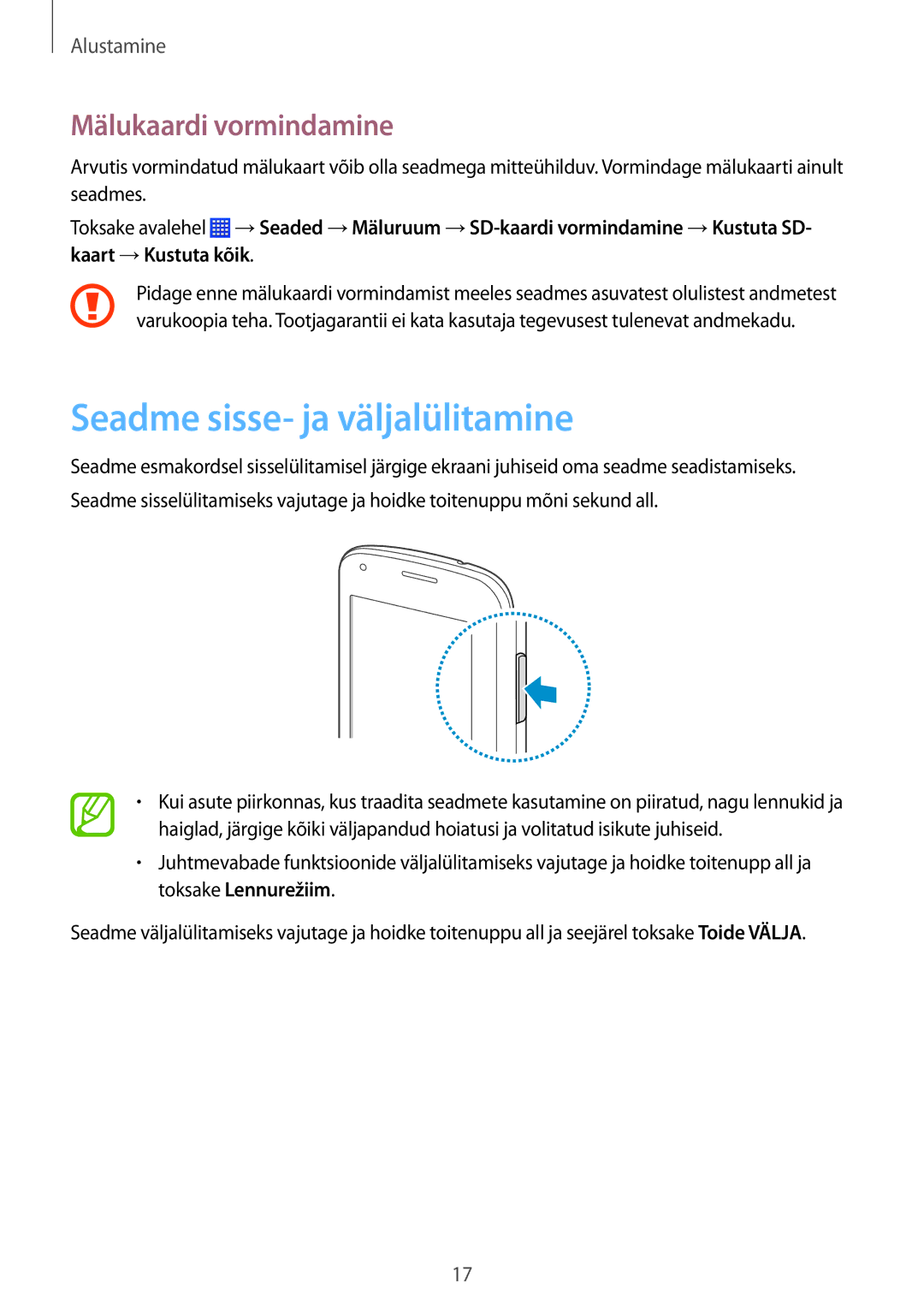 Samsung SM-G310HZWNSEB, SM-G310HZANSEB manual Seadme sisse- ja väljalülitamine, Mälukaardi vormindamine 