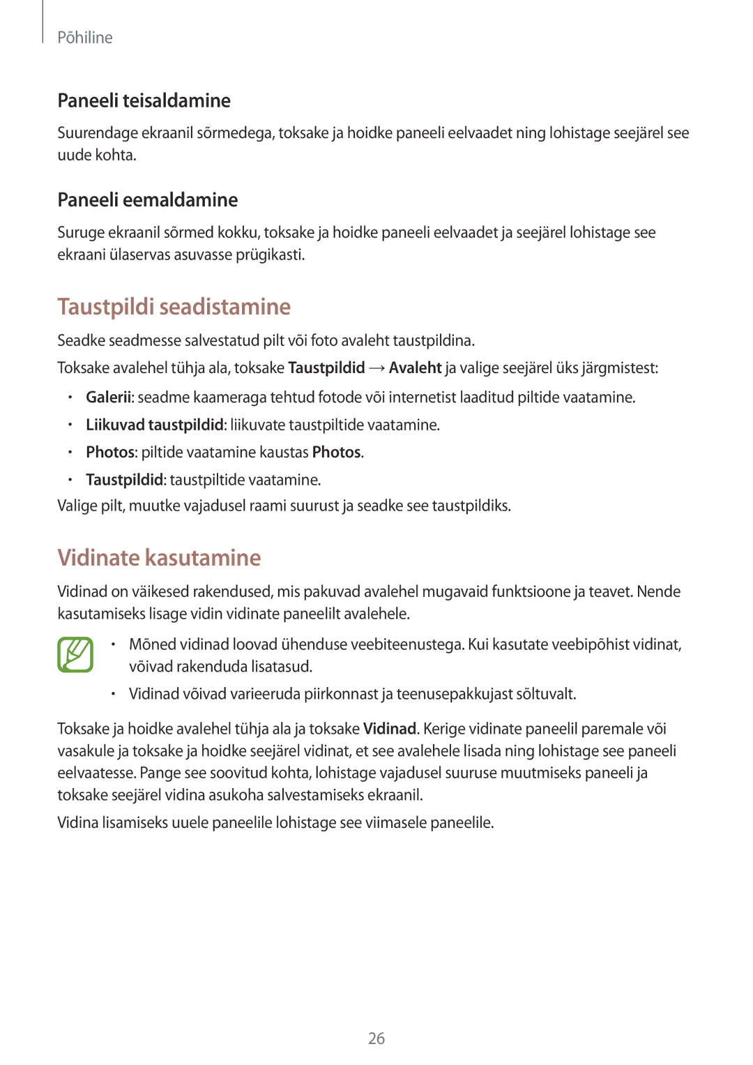 Samsung SM-G310HZANSEB manual Taustpildi seadistamine, Vidinate kasutamine, Paneeli teisaldamine, Paneeli eemaldamine 