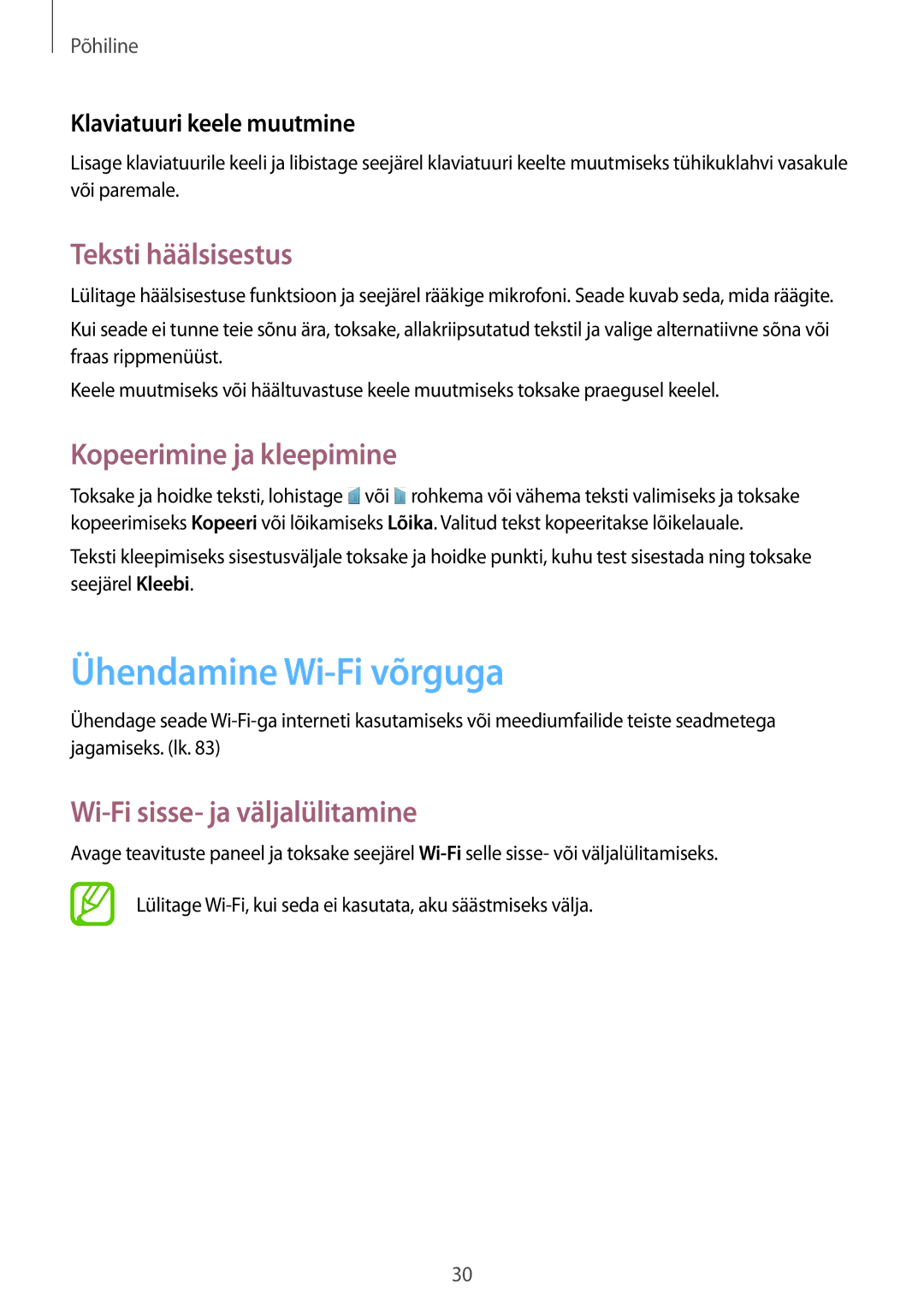 Samsung SM-G310HZANSEB, SM-G310HZWNSEB manual Ühendamine Wi-Fi võrguga, Teksti häälsisestus, Kopeerimine ja kleepimine 