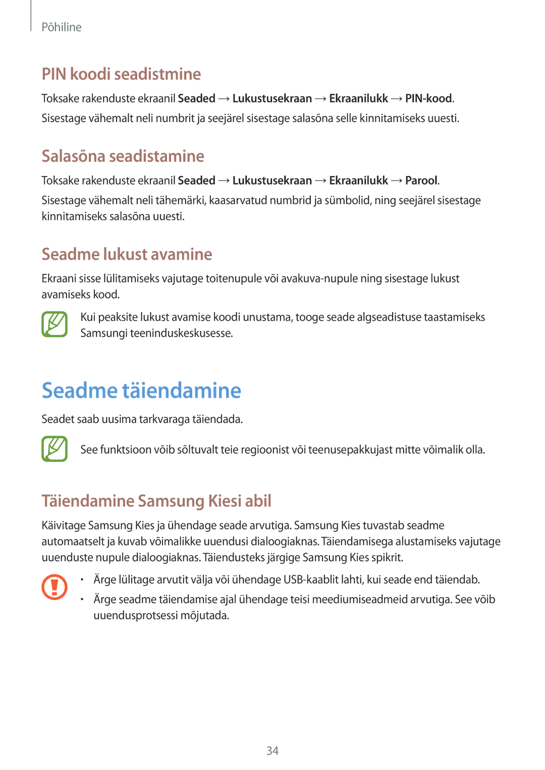 Samsung SM-G310HZANSEB manual Seadme täiendamine, PIN koodi seadistmine, Salasõna seadistamine, Seadme lukust avamine 