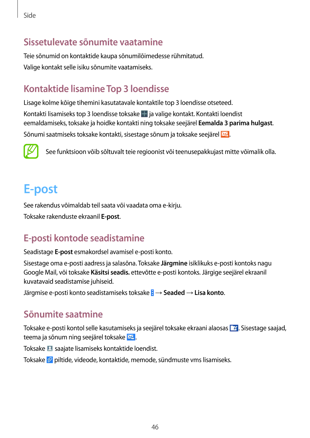 Samsung SM-G310HZANSEB, SM-G310HZWNSEB manual Post, Sissetulevate sõnumite vaatamine, Kontaktide lisamine Top 3 loendisse 