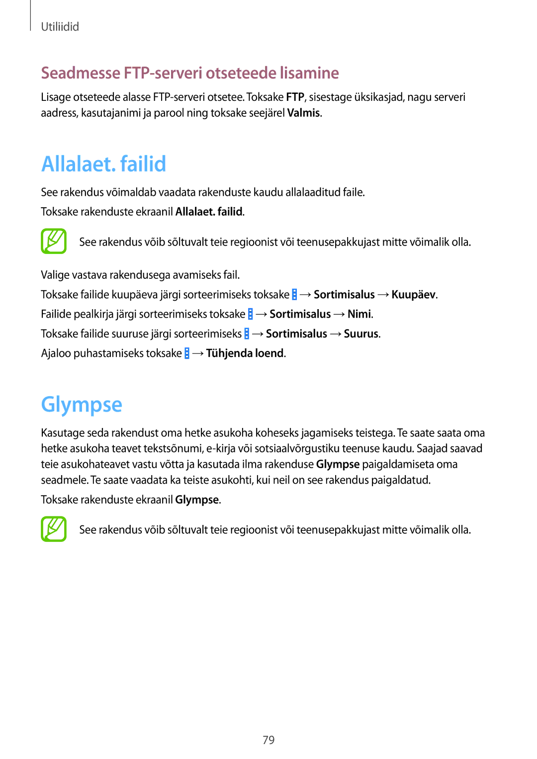 Samsung SM-G310HZWNSEB, SM-G310HZANSEB manual Allalaet. failid, Glympse, Seadmesse FTP-serveri otseteede lisamine 