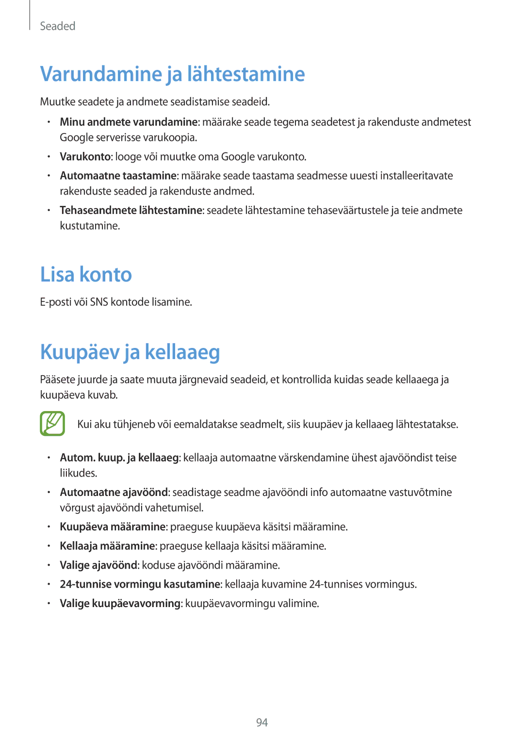 Samsung SM-G310HZANSEB manual Varundamine ja lähtestamine, Lisa konto, Kuupäev ja kellaaeg, Posti või SNS kontode lisamine 