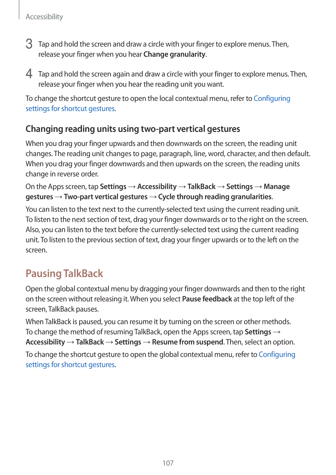 Samsung SM-G313FRWAILO, SM-G313FHAAKSA manual Pausing TalkBack, Changing reading units using two-part vertical gestures 