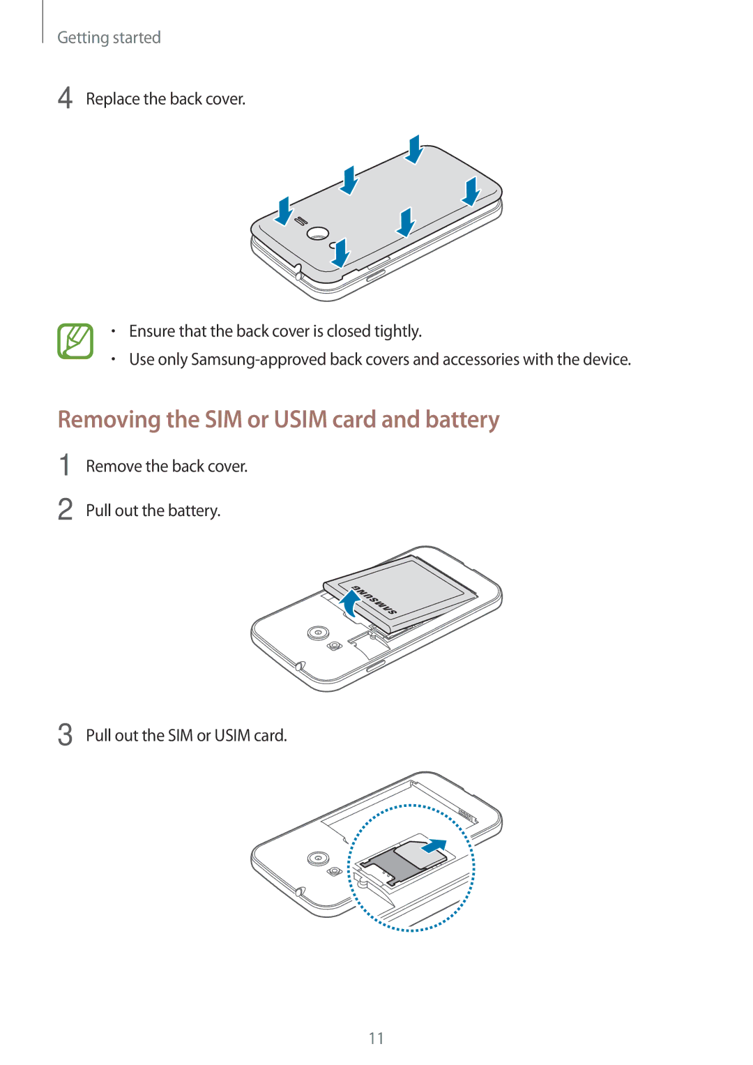 Samsung SM-G313FHAAKSA, SM-G313FRWAKSA, SM-G313FRWAXSG, SM-G313FHAAXSG manual Removing the SIM or Usim card and battery 