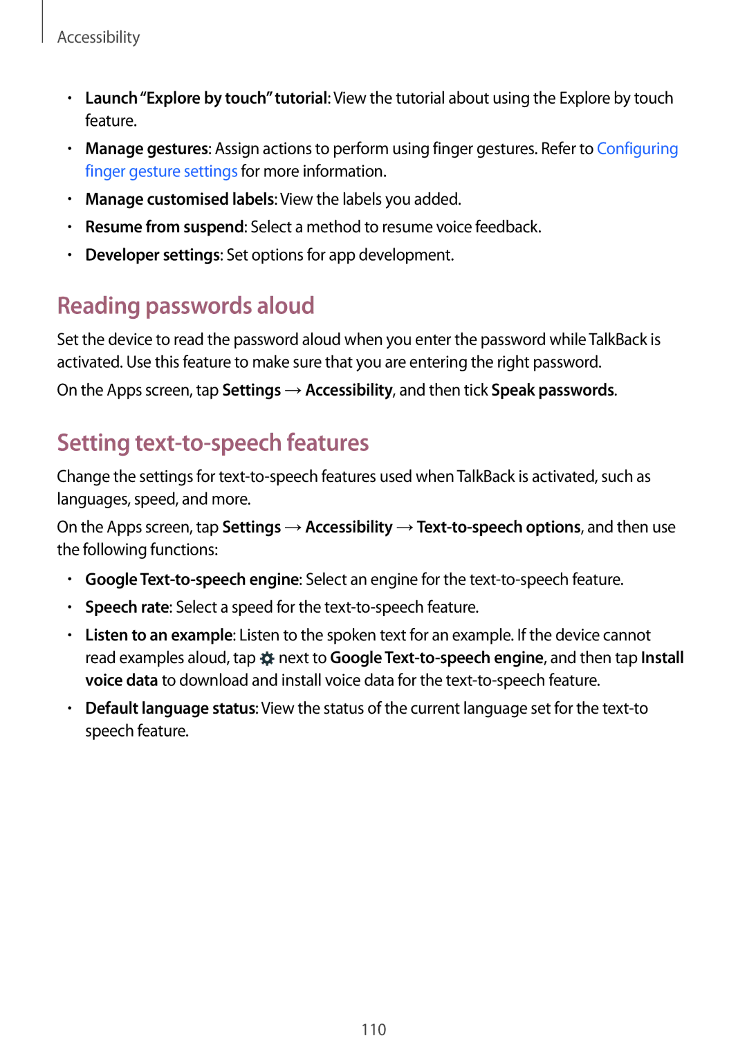 Samsung SM-G313FHAAKSA, SM-G313FRWAKSA, SM-G313FRWAXSG manual Reading passwords aloud, Setting text-to-speech features 