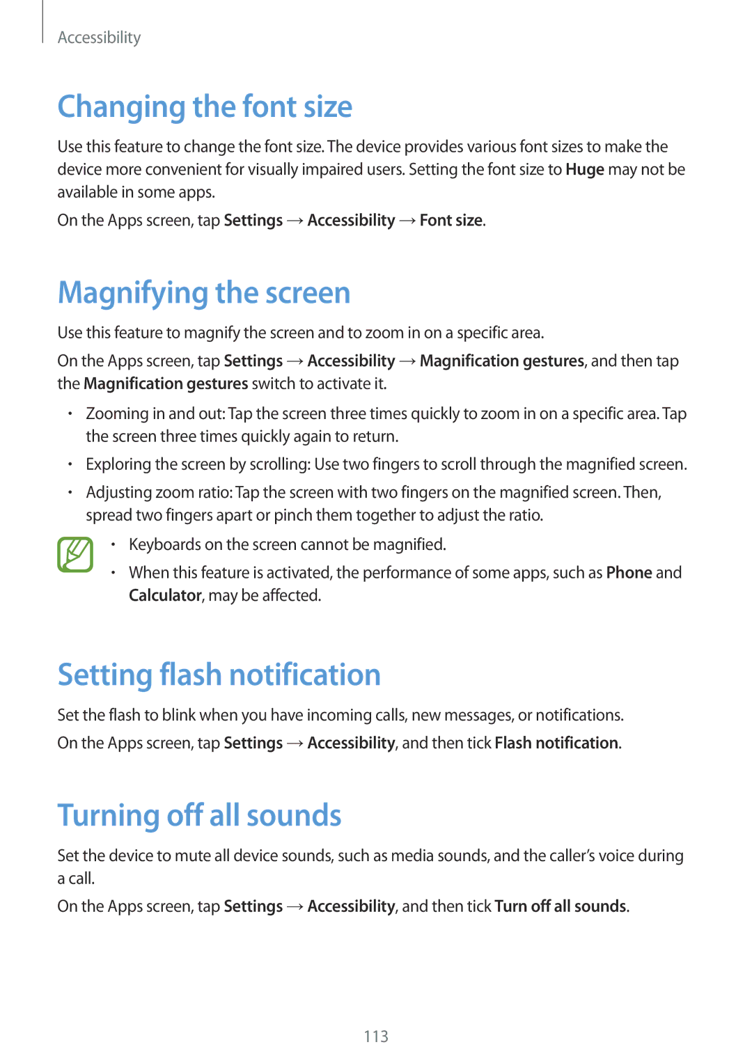 Samsung SM-G313FHAAXSG Changing the font size, Magnifying the screen, Setting flash notification, Turning off all sounds 