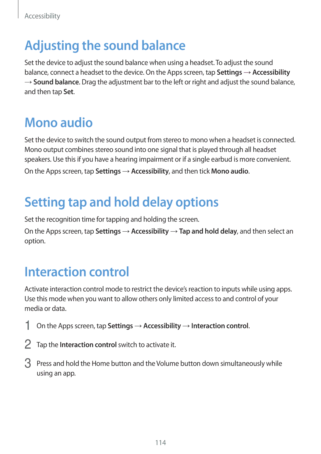 Samsung SM-G313FMSANEE Adjusting the sound balance, Mono audio, Setting tap and hold delay options, Interaction control 