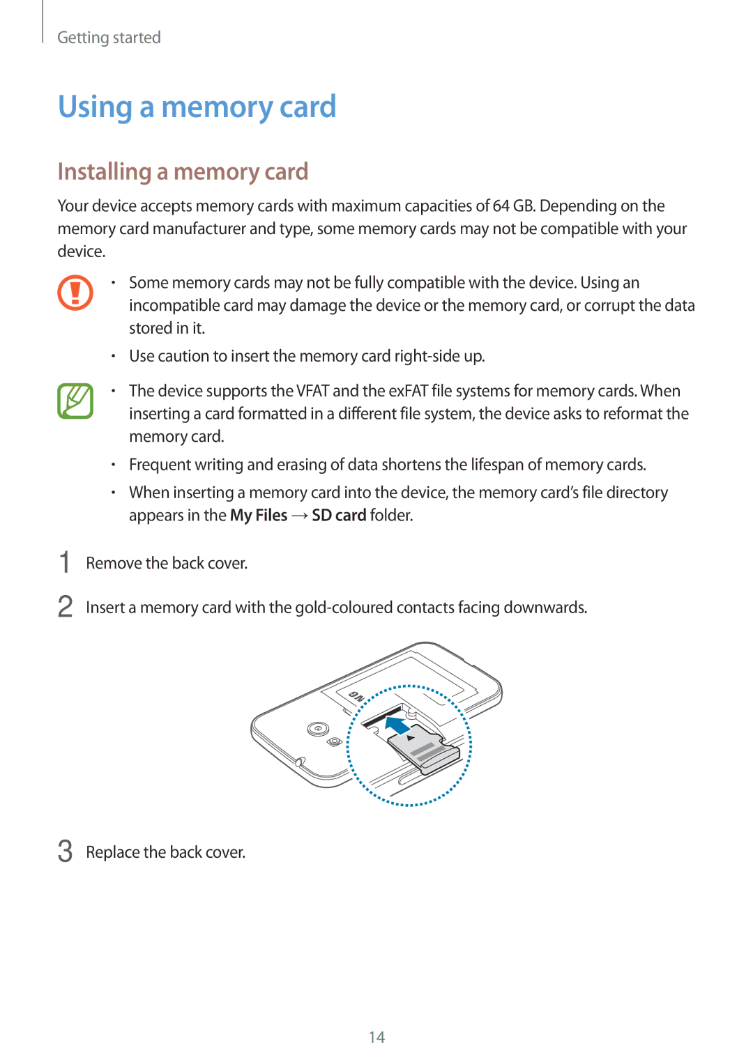 Samsung SM-G313FHAAXSG, SM-G313FHAAKSA, SM-G313FRWAKSA, SM-G313FRWAXSG manual Using a memory card, Installing a memory card 