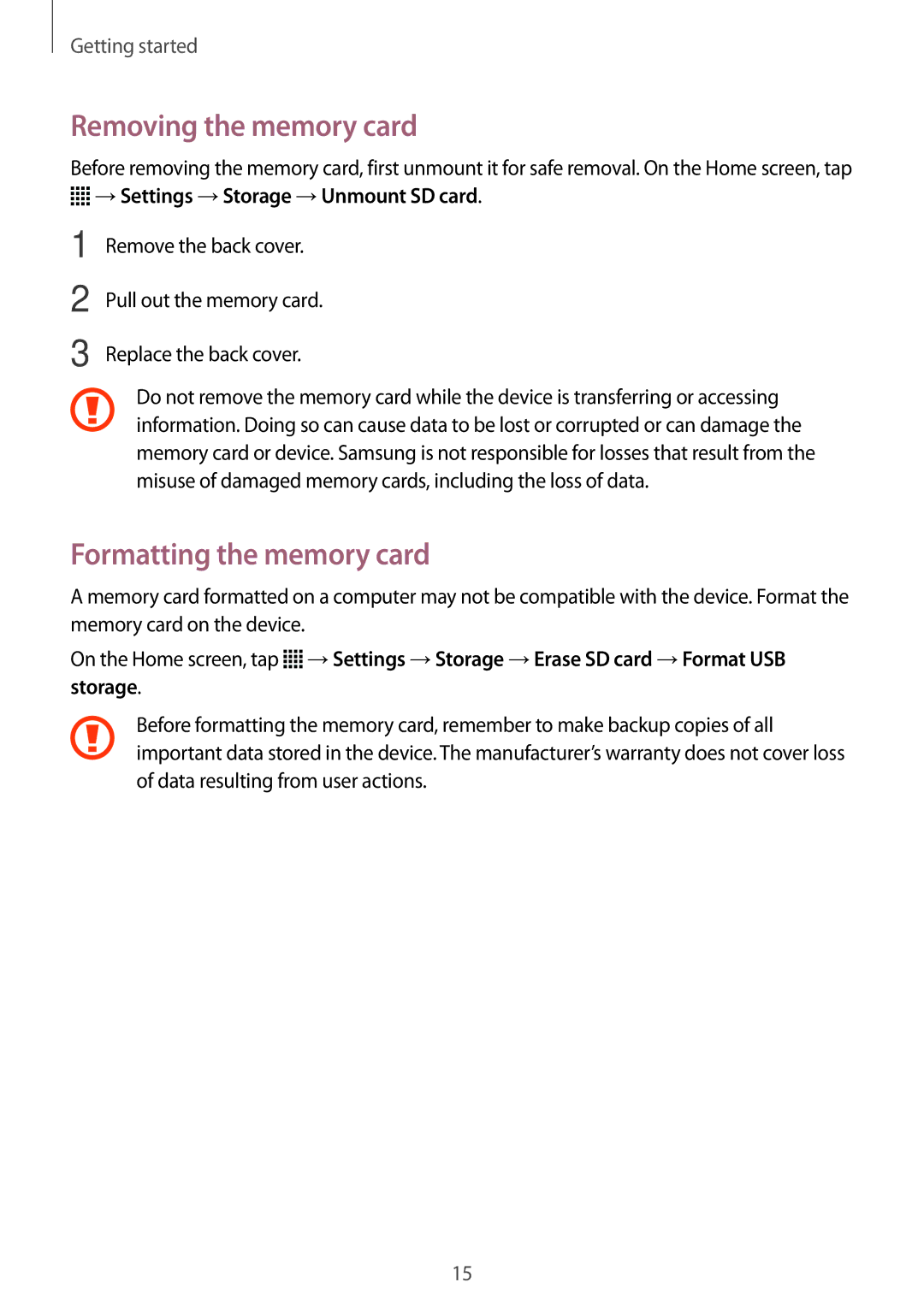 Samsung SM-G313FMSANEE manual Removing the memory card, Formatting the memory card, →Settings →Storage →Unmount SD card 