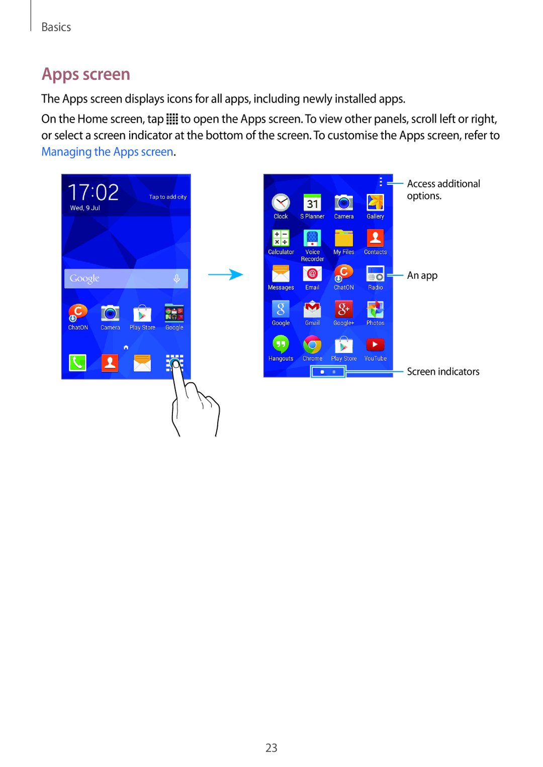 Samsung SM-G313FRWAKSA, SM-G313FHAAKSA, SM-G313FRWAXSG, SM-G313FHAAXSG, SM-G313FMSANEE, SM-G313FRWACEL manual Apps screen 