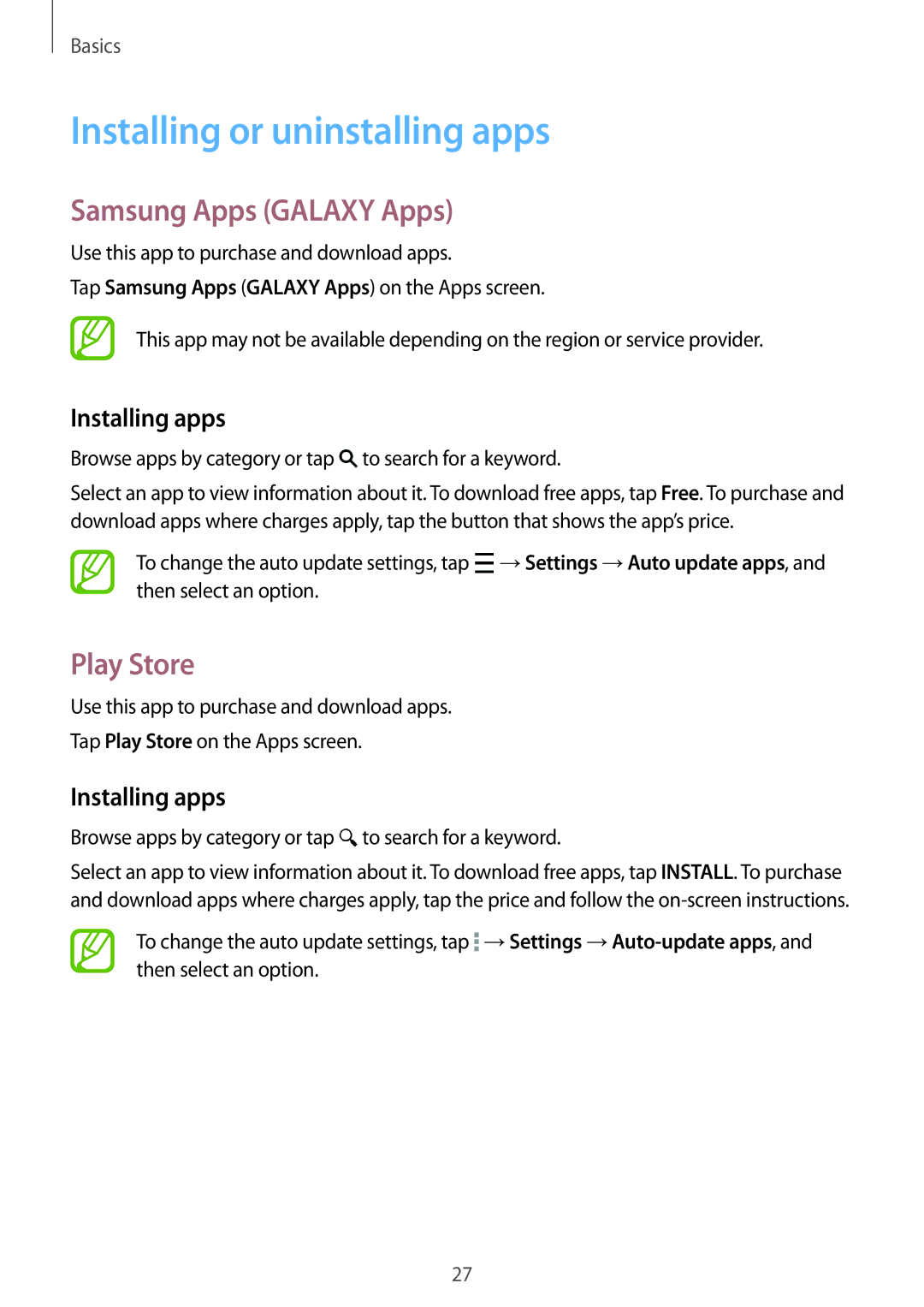 Samsung SM-G313FRWACEL manual Installing or uninstalling apps, Samsung Apps Galaxy Apps, Play Store, Installing apps 