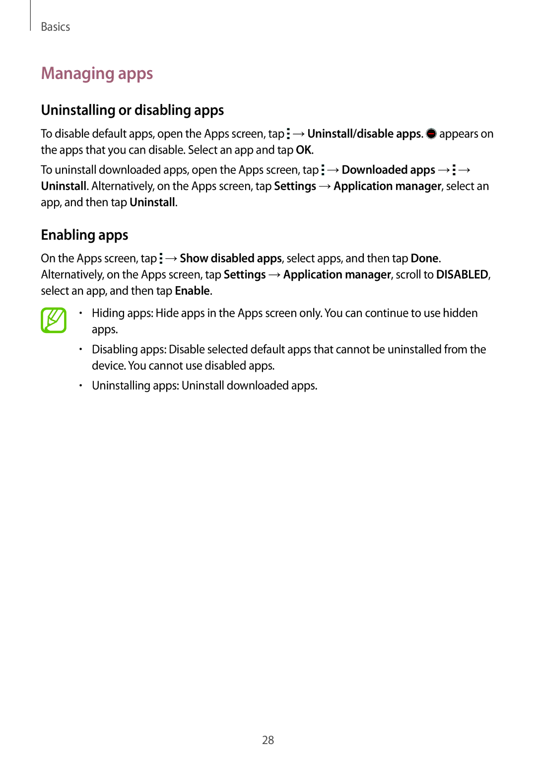 Samsung SM-G313FHAACEL, SM-G313FHAAKSA, SM-G313FRWAKSA manual Managing apps, Uninstalling or disabling apps, Enabling apps 