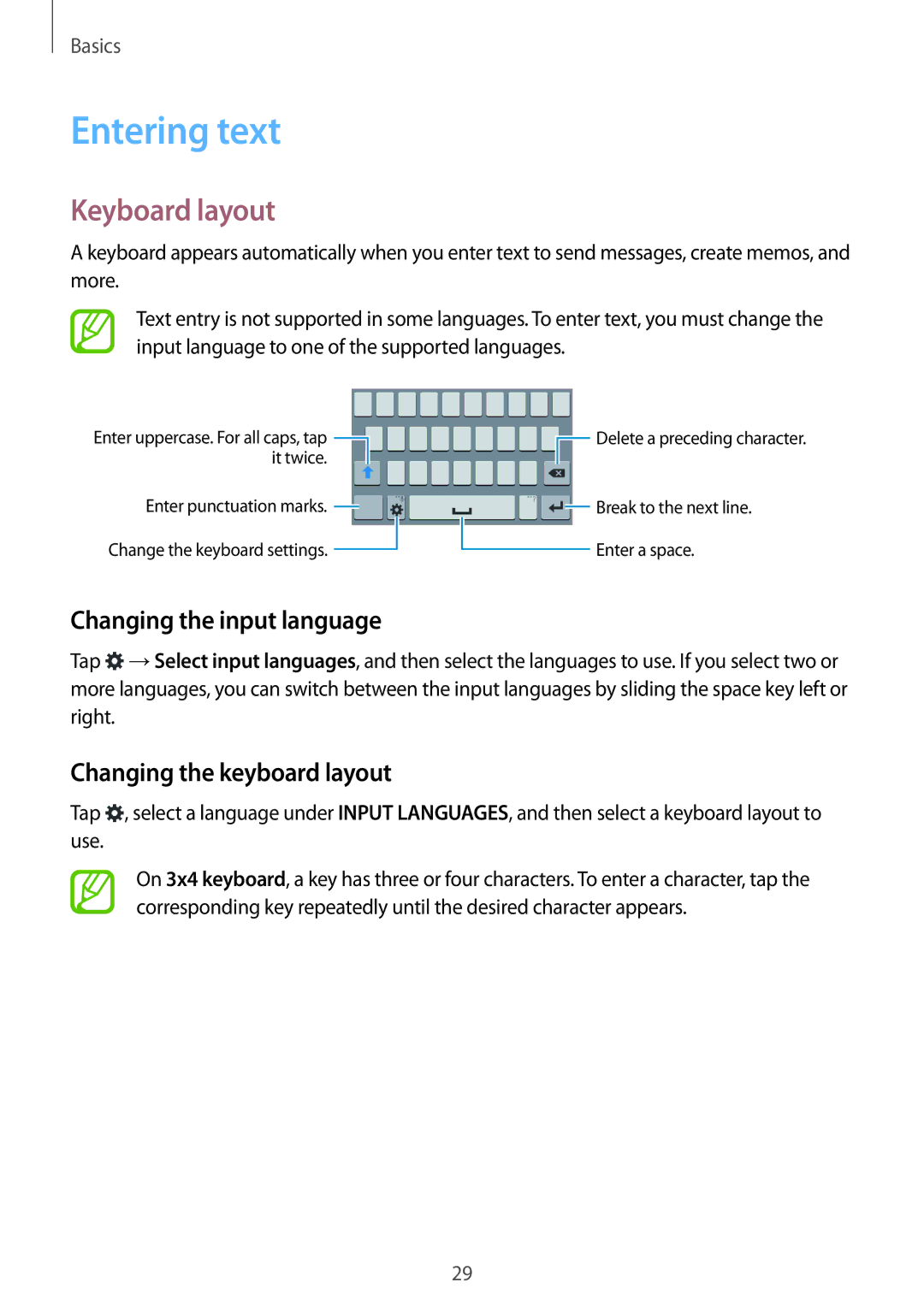 Samsung SM-G313FHAAILO manual Entering text, Keyboard layout, Changing the input language, Changing the keyboard layout 