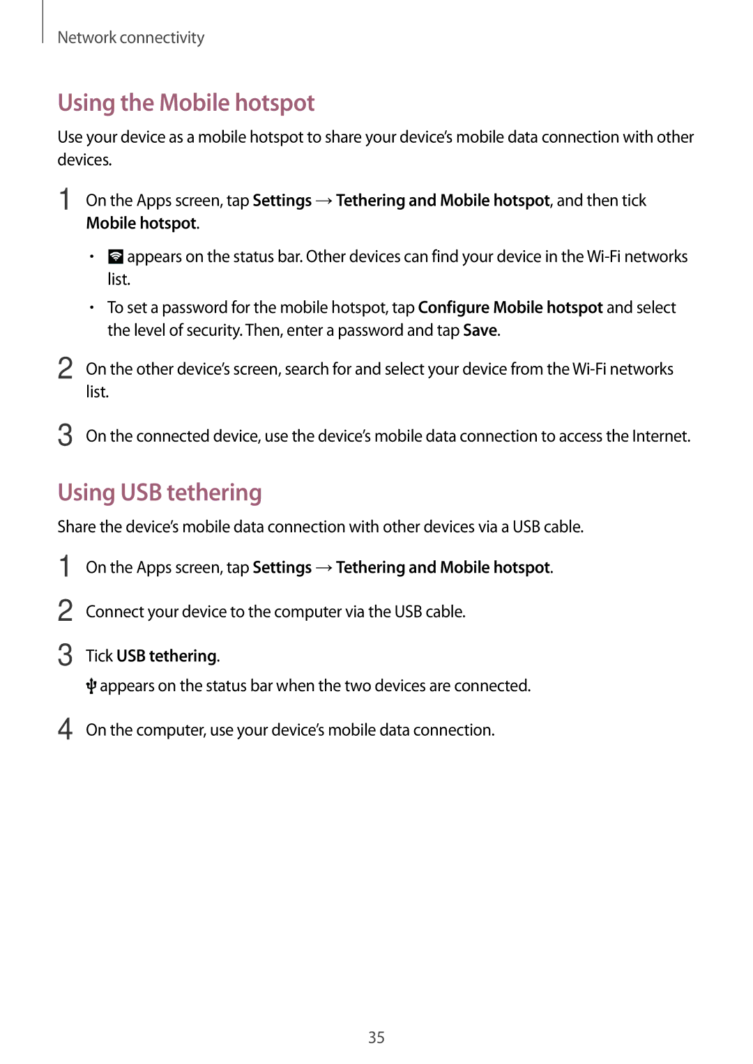 Samsung SM-G313FRWAXSG, SM-G313FHAAKSA, SM-G313FRWAKSA Using the Mobile hotspot, Using USB tethering, Tick USB tethering 