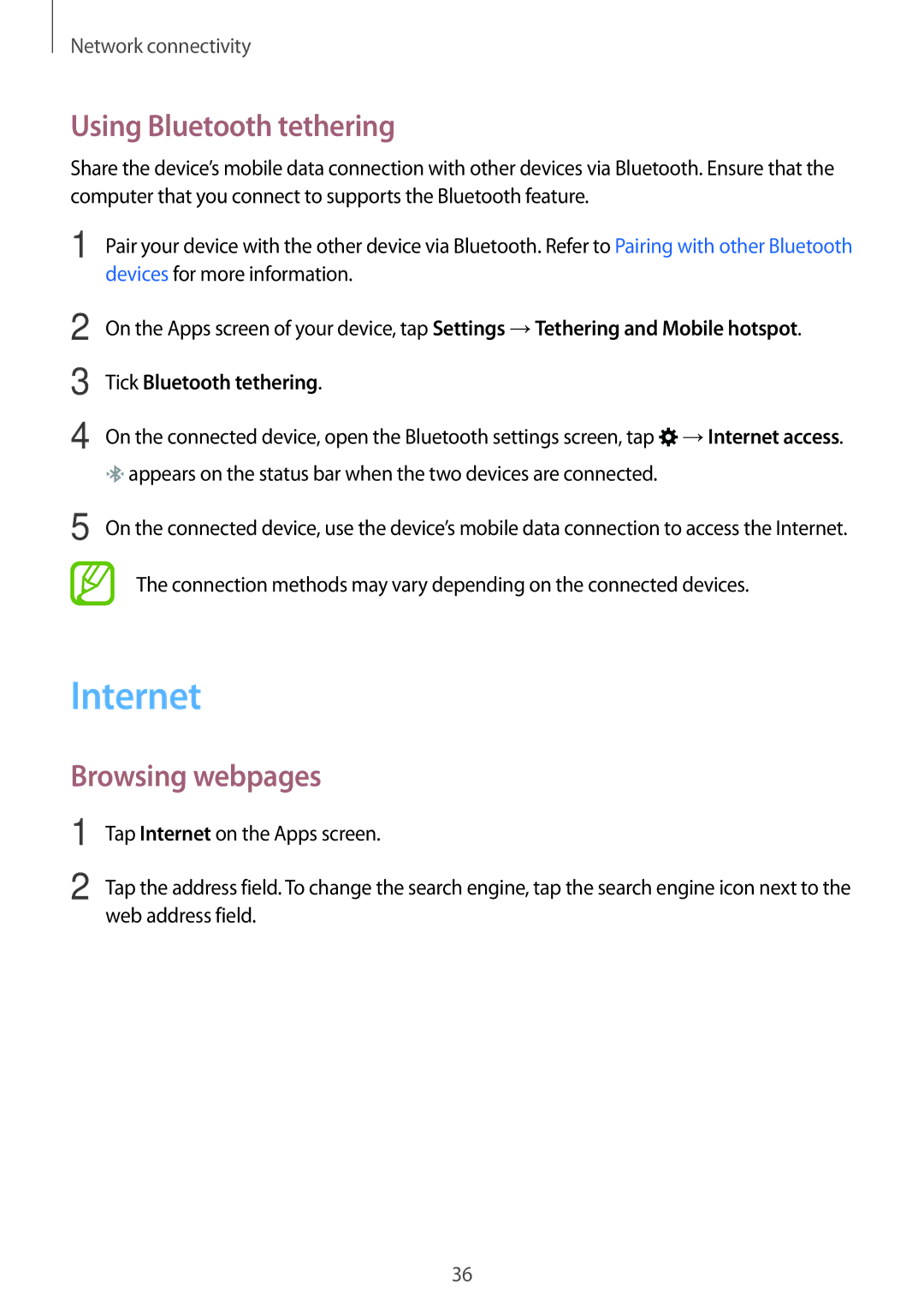 Samsung SM-G313FHAAXSG, SM-G313FHAAKSA Internet, Using Bluetooth tethering, Browsing webpages, Tick Bluetooth tethering 