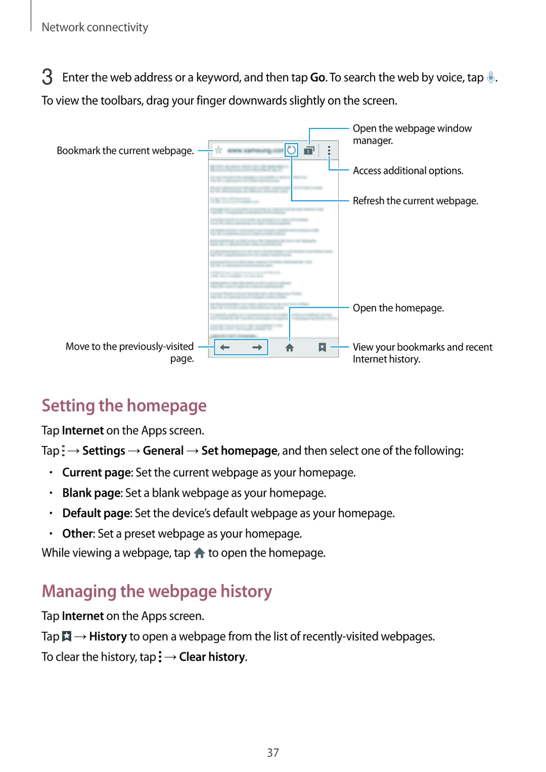 Samsung SM-G313FMSANEE, SM-G313FHAAKSA, SM-G313FRWAKSA, SM-G313FRWAXSG Setting the homepage, Managing the webpage history 