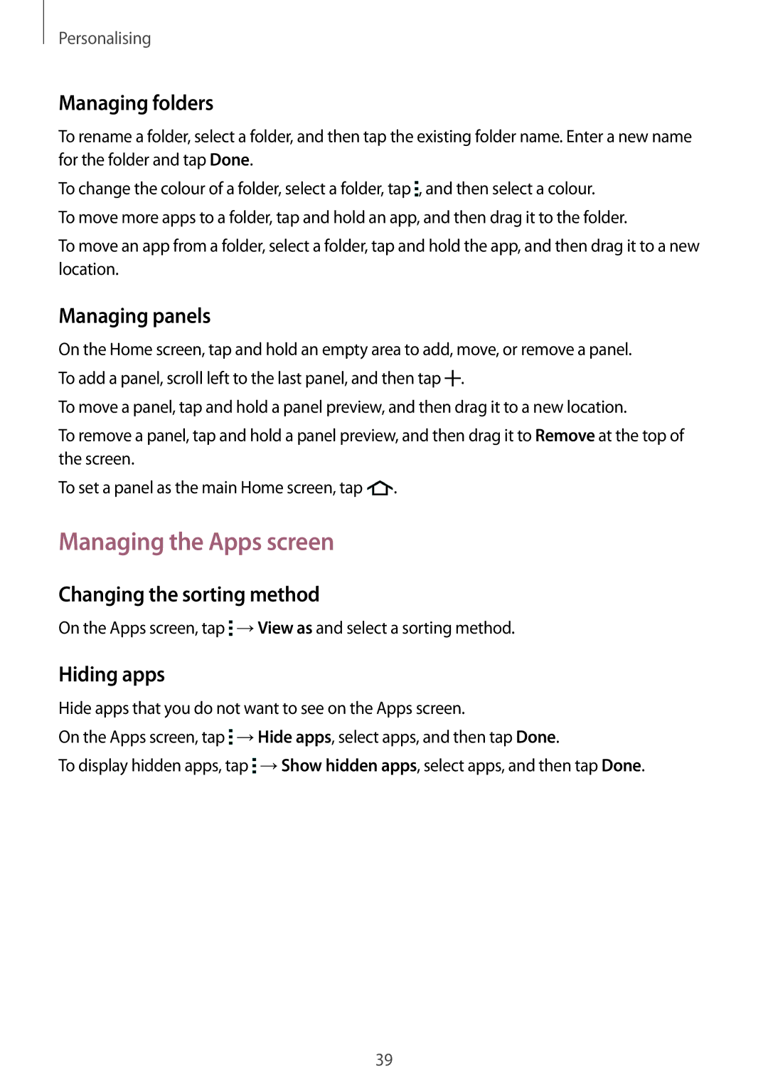 Samsung SM-G313FHAACEL manual Managing the Apps screen, Managing folders, Managing panels, Changing the sorting method 