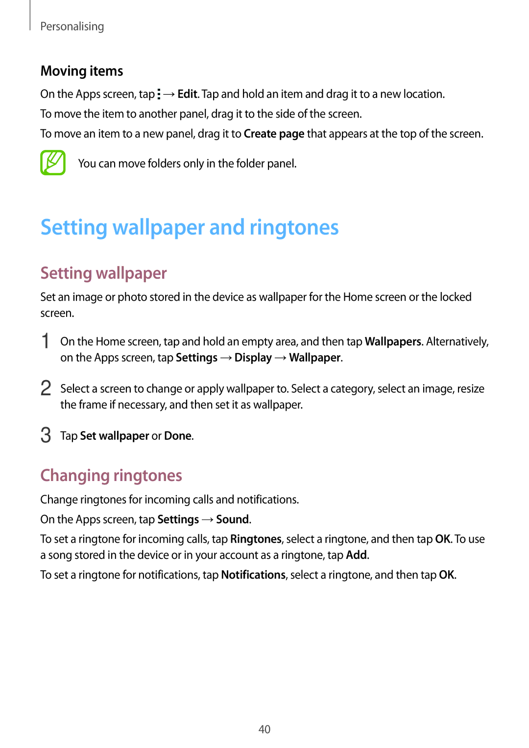 Samsung SM-G313FHAAILO manual Setting wallpaper and ringtones, Changing ringtones, Moving items, Tap Set wallpaper or Done 