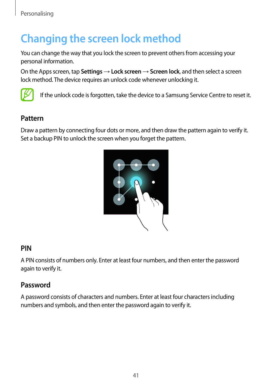 Samsung SM-G313FRWAILO, SM-G313FHAAKSA, SM-G313FRWAKSA, SM-G313FRWAXSG Changing the screen lock method, Pattern, Password 