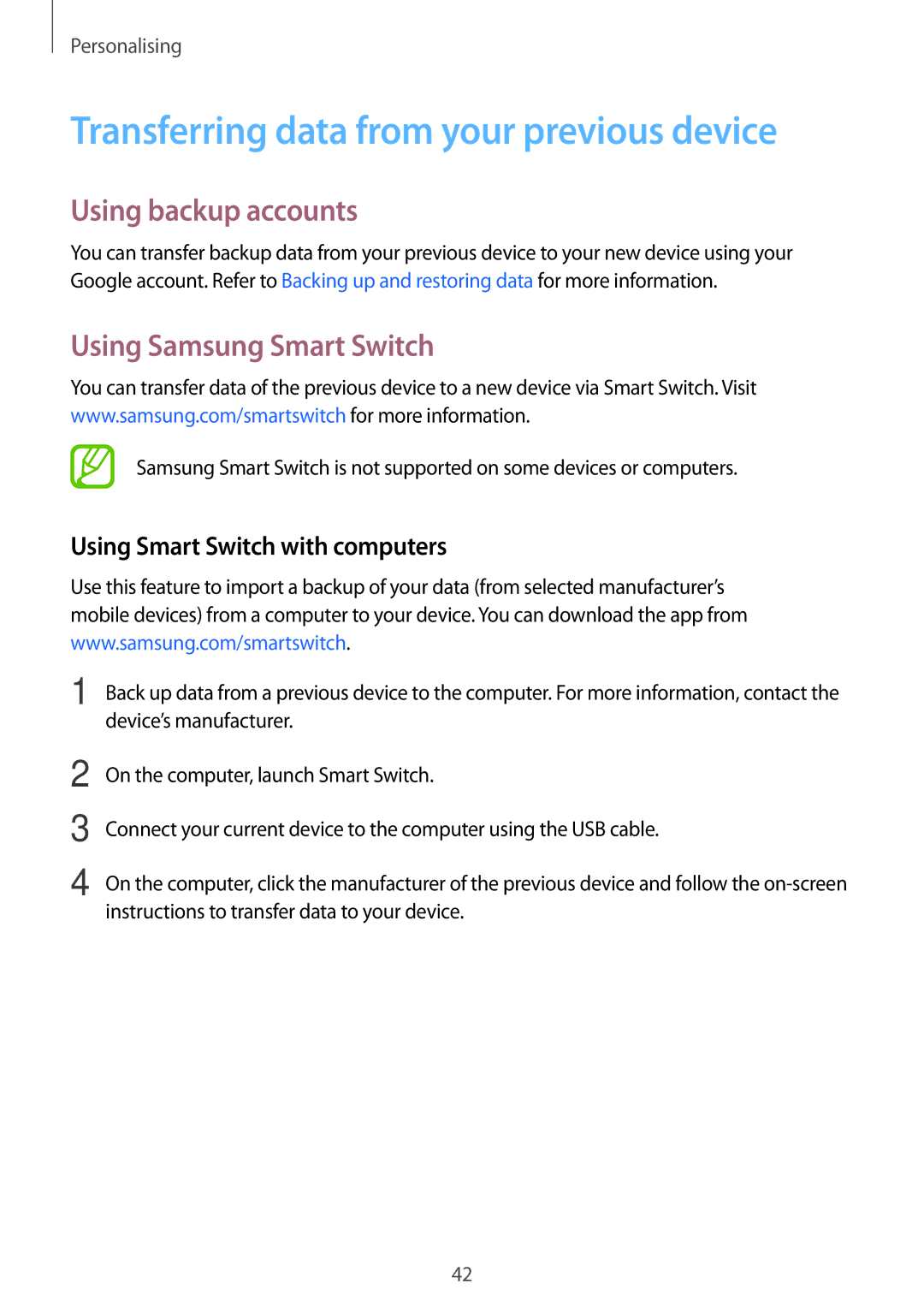 Samsung SM-G313FHAAPTR Transferring data from your previous device, Using backup accounts, Using Samsung Smart Switch 