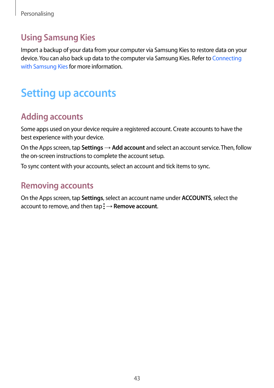 Samsung SM-G313FRWAPTR, SM-G313FHAAKSA manual Setting up accounts, Using Samsung Kies, Adding accounts, Removing accounts 