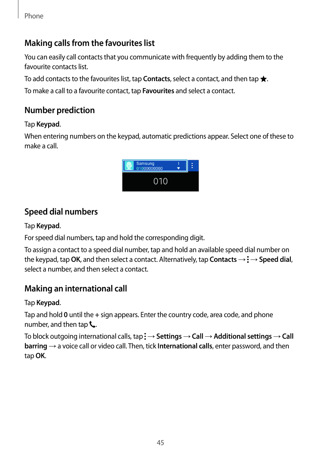 Samsung SM-G313FRWAKSA manual Making calls from the favourites list, Number prediction, Speed dial numbers, Tap Keypad 