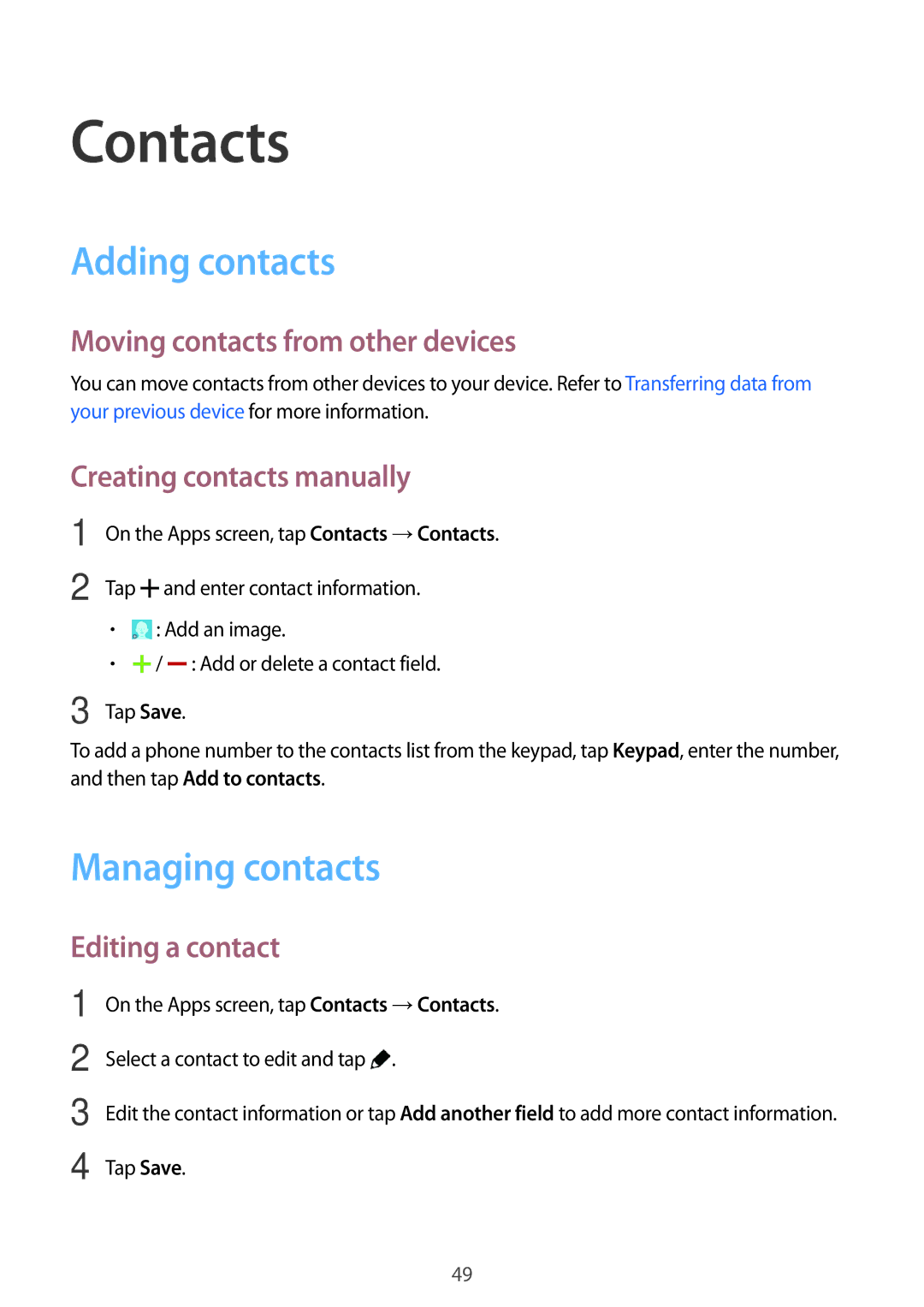 Samsung SM-G313FRWACEL, SM-G313FHAAKSA, SM-G313FRWAKSA, SM-G313FRWAXSG manual Contacts, Adding contacts, Managing contacts 