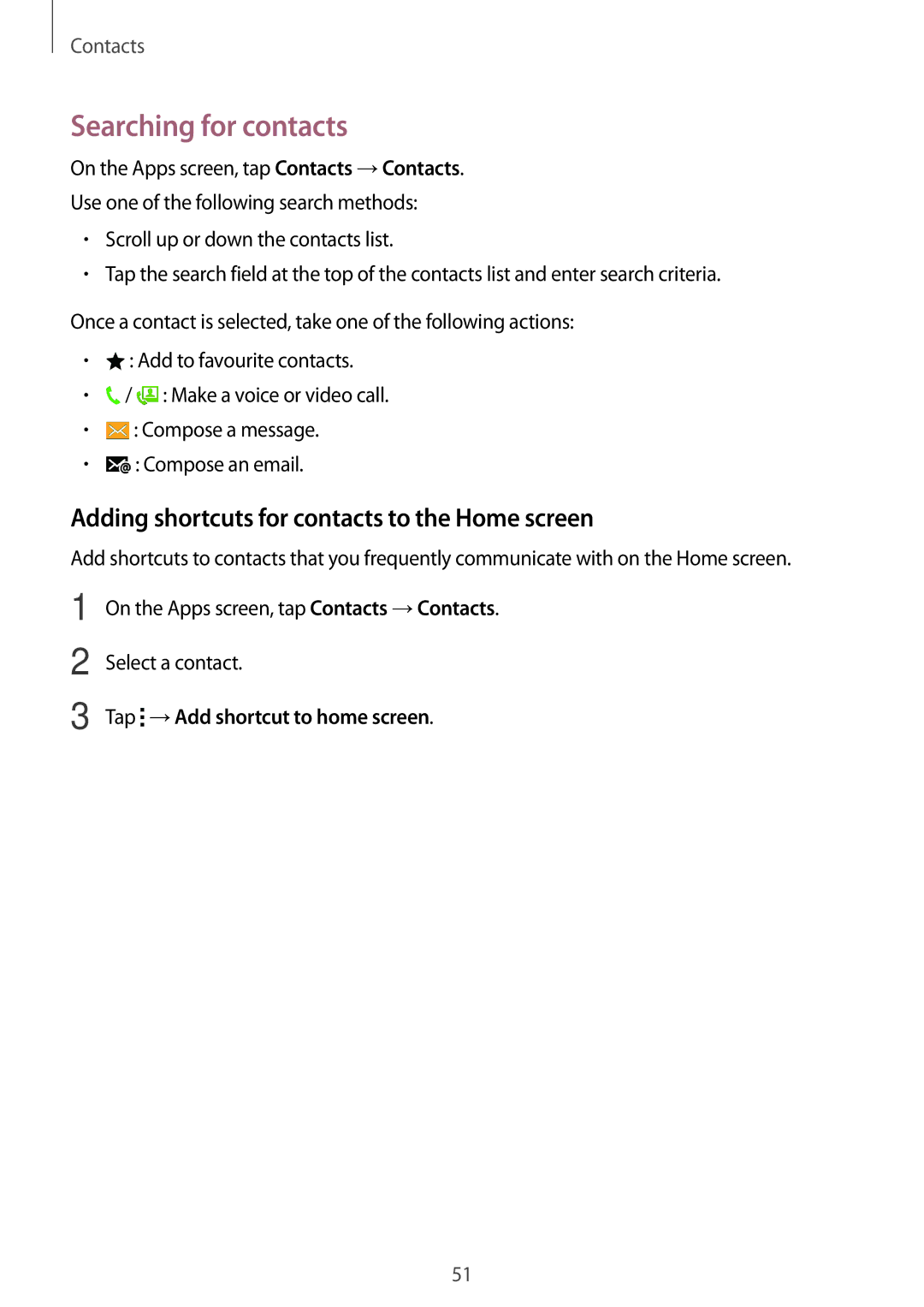 Samsung SM-G313FHAAILO, SM-G313FHAAKSA manual Searching for contacts, Adding shortcuts for contacts to the Home screen 