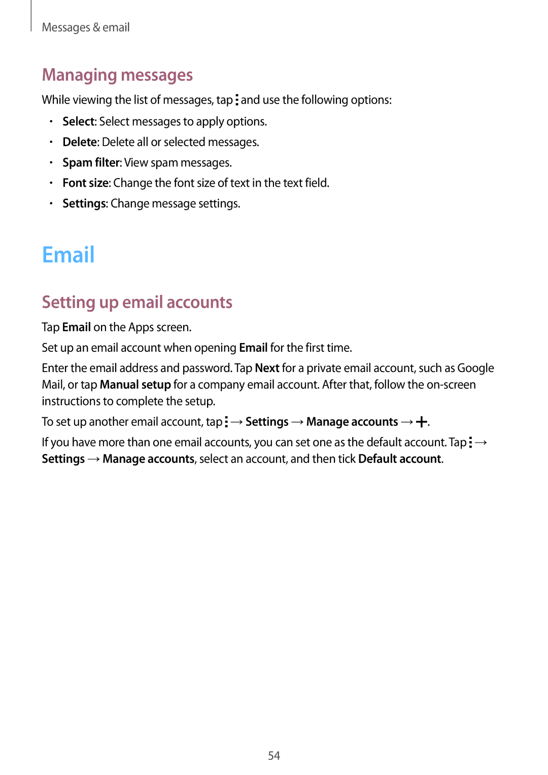 Samsung SM-G313FRWAPTR, SM-G313FHAAKSA, SM-G313FRWAKSA, SM-G313FRWAXSG manual Managing messages, Setting up email accounts 