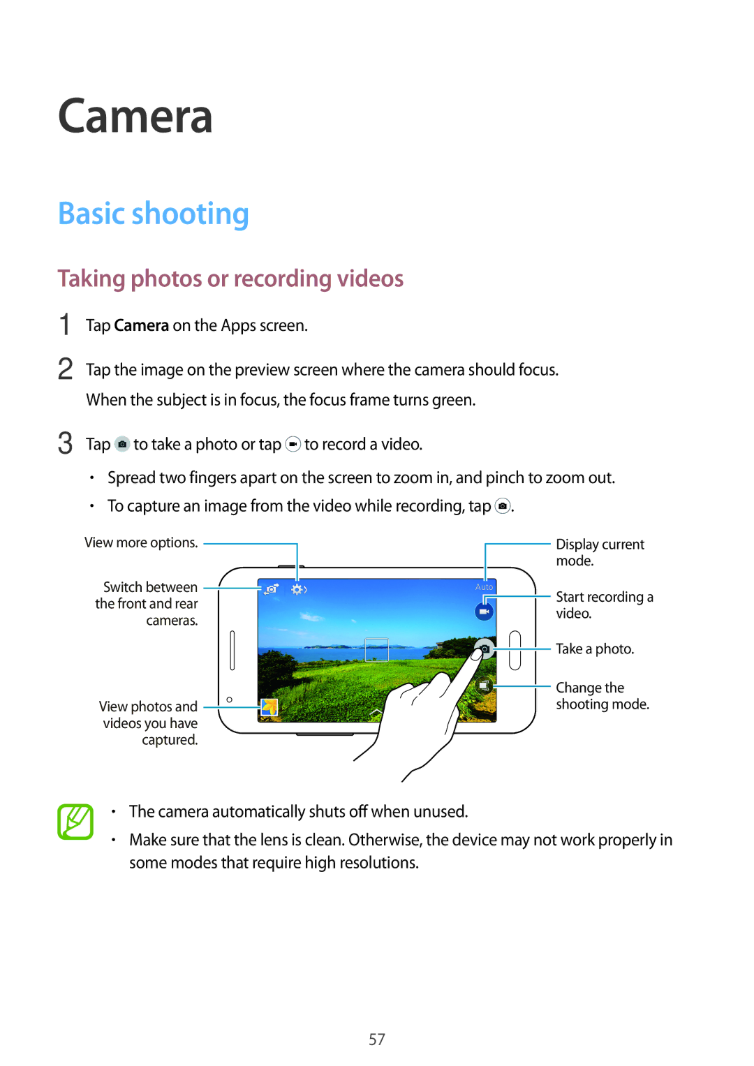 Samsung SM-G313FRWAXSG, SM-G313FHAAKSA, SM-G313FRWAKSA manual Camera, Basic shooting, Taking photos or recording videos 