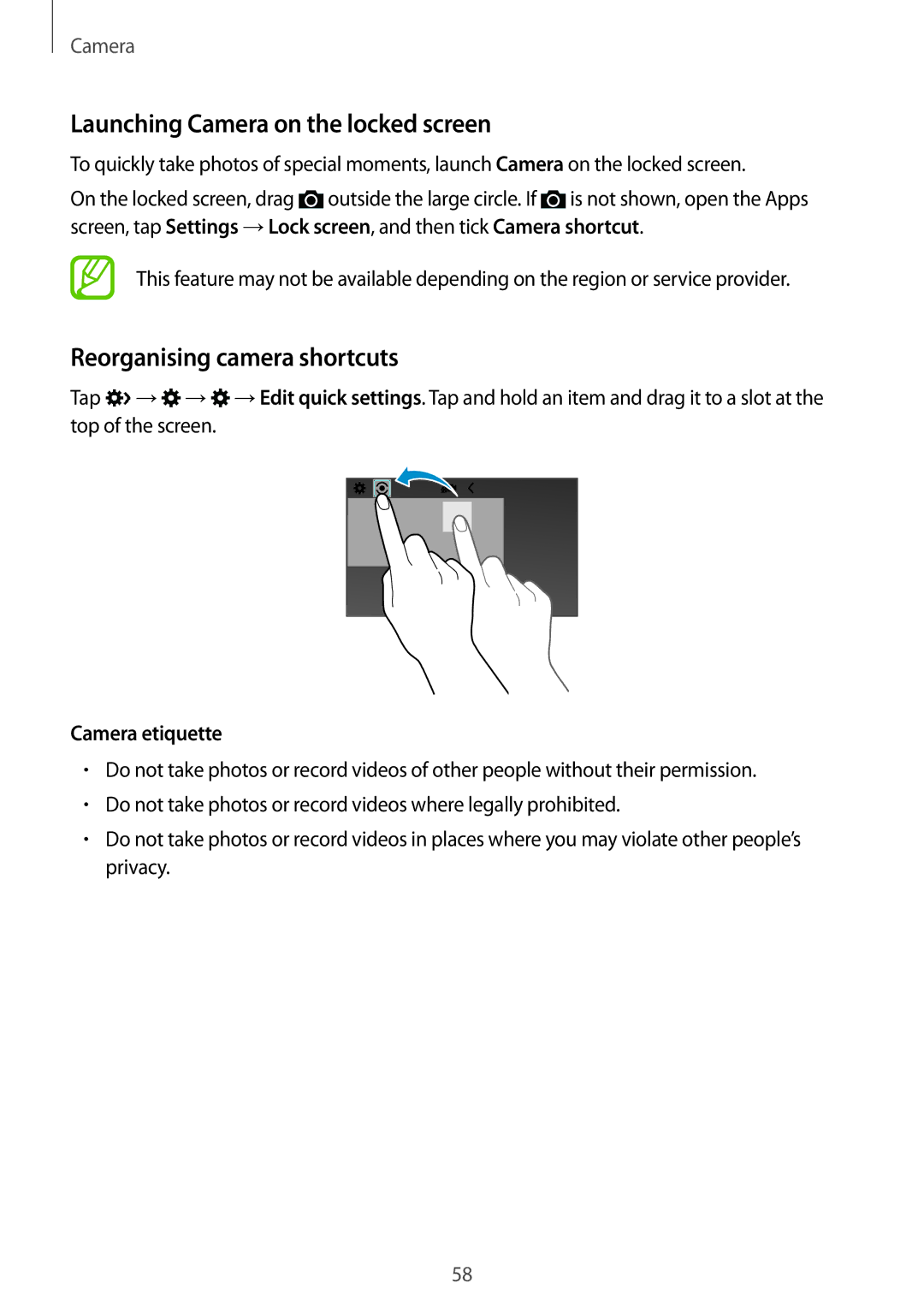 Samsung SM-G313FHAAXSG manual Launching Camera on the locked screen, Reorganising camera shortcuts, Camera etiquette 