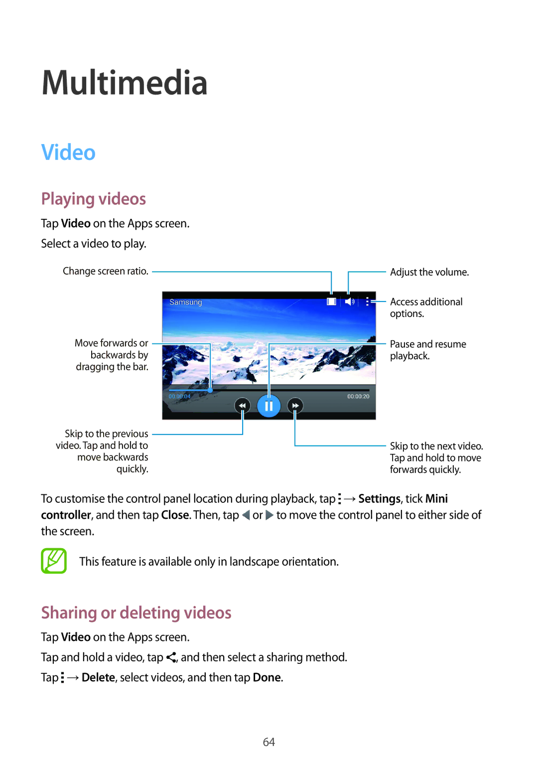Samsung SM-G313FHAAPTR, SM-G313FHAAKSA, SM-G313FRWAKSA manual Multimedia, Video, Playing videos, Sharing or deleting videos 