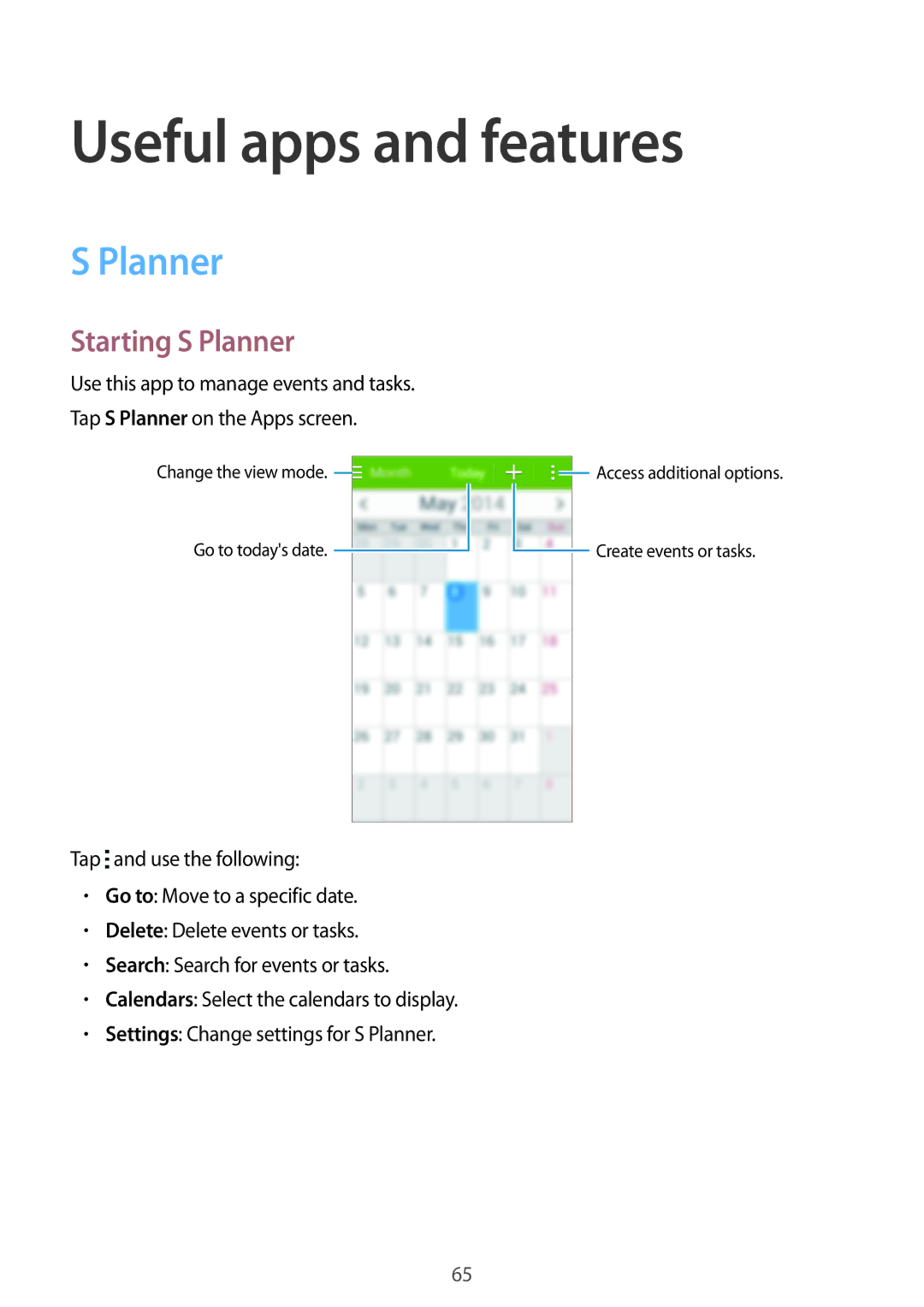 Samsung SM-G313FRWAPTR, SM-G313FHAAKSA, SM-G313FRWAKSA, SM-G313FRWAXSG manual Useful apps and features, Starting S Planner 