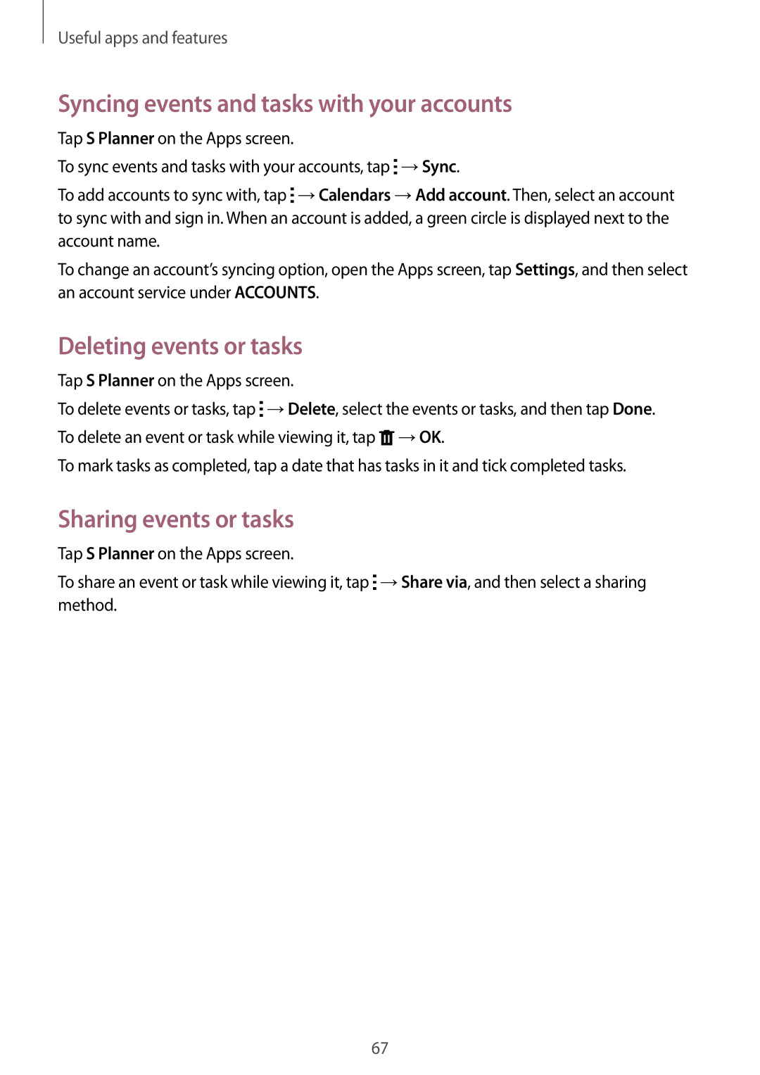 Samsung SM-G313FRWAKSA Syncing events and tasks with your accounts, Deleting events or tasks, Sharing events or tasks 