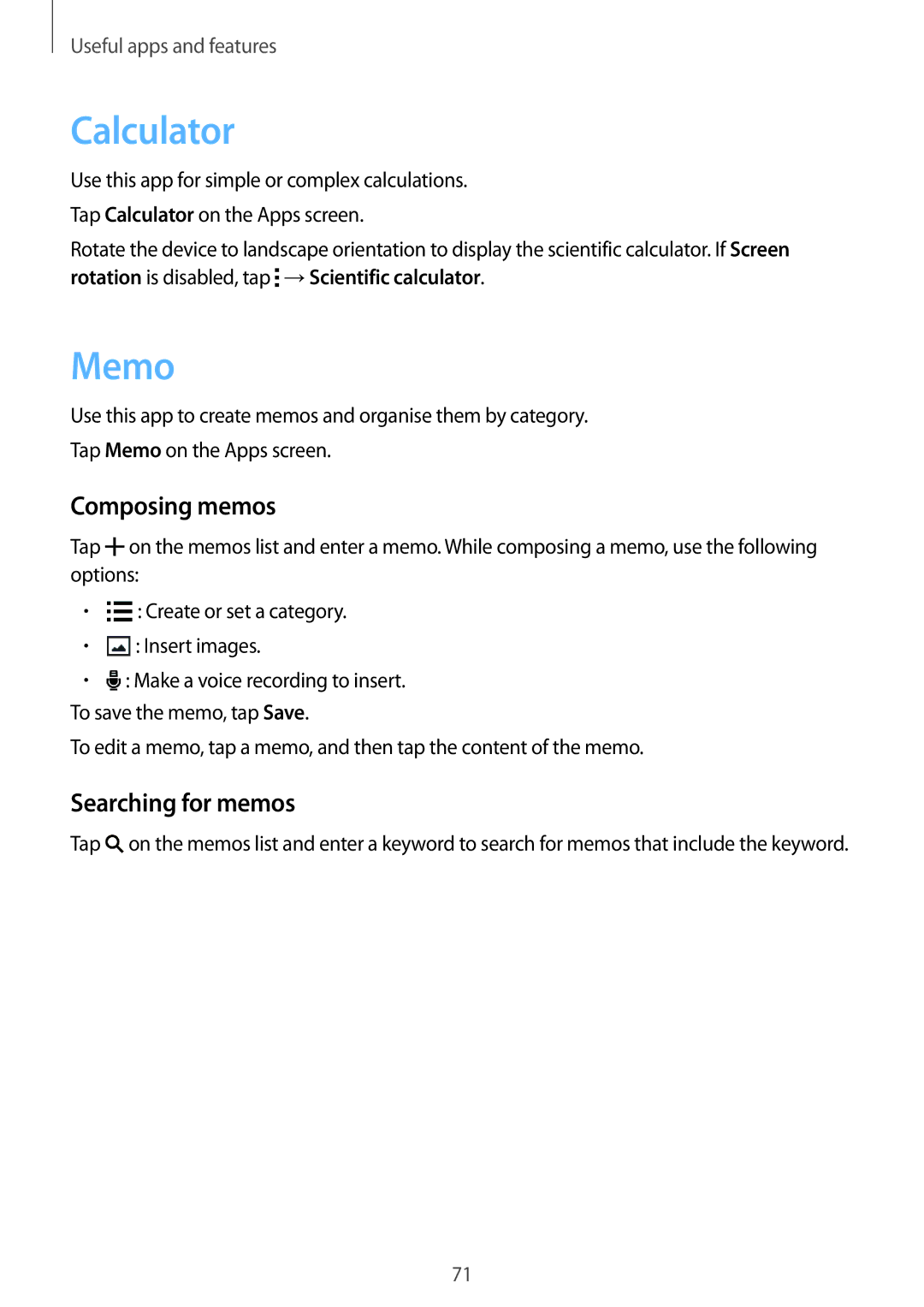 Samsung SM-G313FRWACEL, SM-G313FHAAKSA, SM-G313FRWAKSA manual Calculator, Memo, Composing memos, Searching for memos 