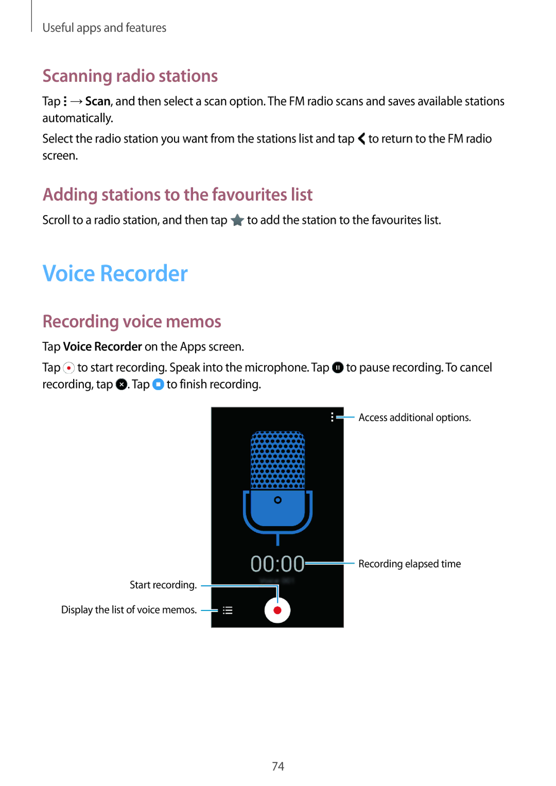 Samsung SM-G313FRWAILO, SM-G313FHAAKSA Voice Recorder, Scanning radio stations, Adding stations to the favourites list 