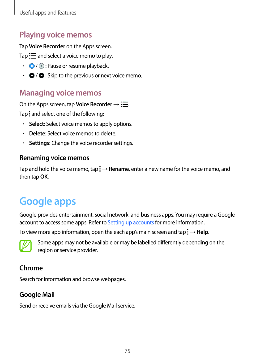 Samsung SM-G313FHAAPTR, SM-G313FHAAKSA, SM-G313FRWAKSA manual Google apps, Playing voice memos, Managing voice memos 