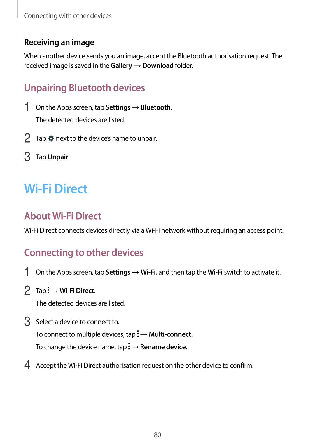 Samsung SM-G313FHAAXSG, SM-G313FHAAKSA Unpairing Bluetooth devices, About Wi-Fi Direct, Connecting to other devices 