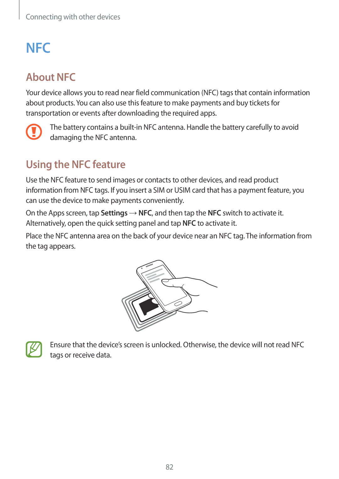 Samsung SM-G313FRWACEL, SM-G313FHAAKSA, SM-G313FRWAKSA, SM-G313FRWAXSG, SM-G313FHAAXSG manual About NFC, Using the NFC feature 